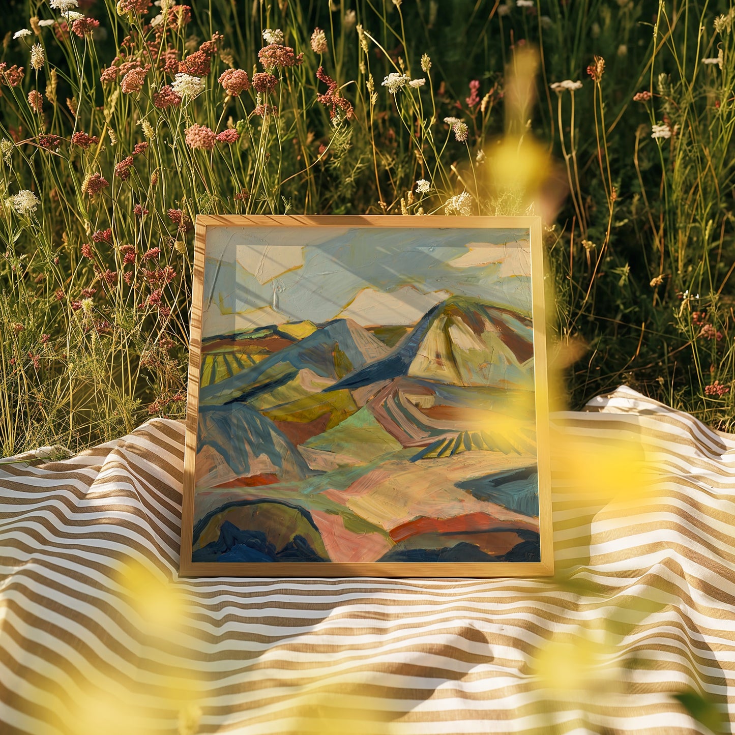 Greens and Neutral Boho Mountain Landscape Art Print