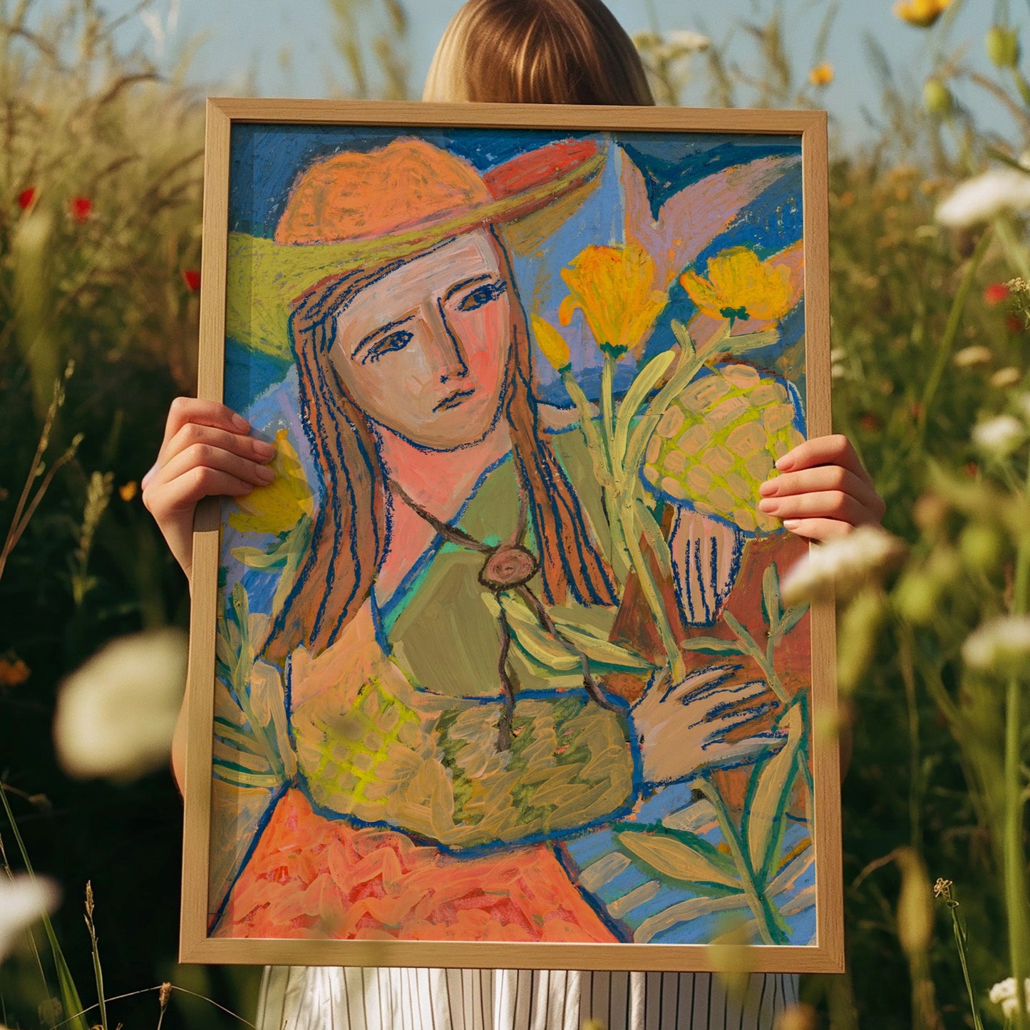 Cowgirl Yellow Roses Oil Pastel Print