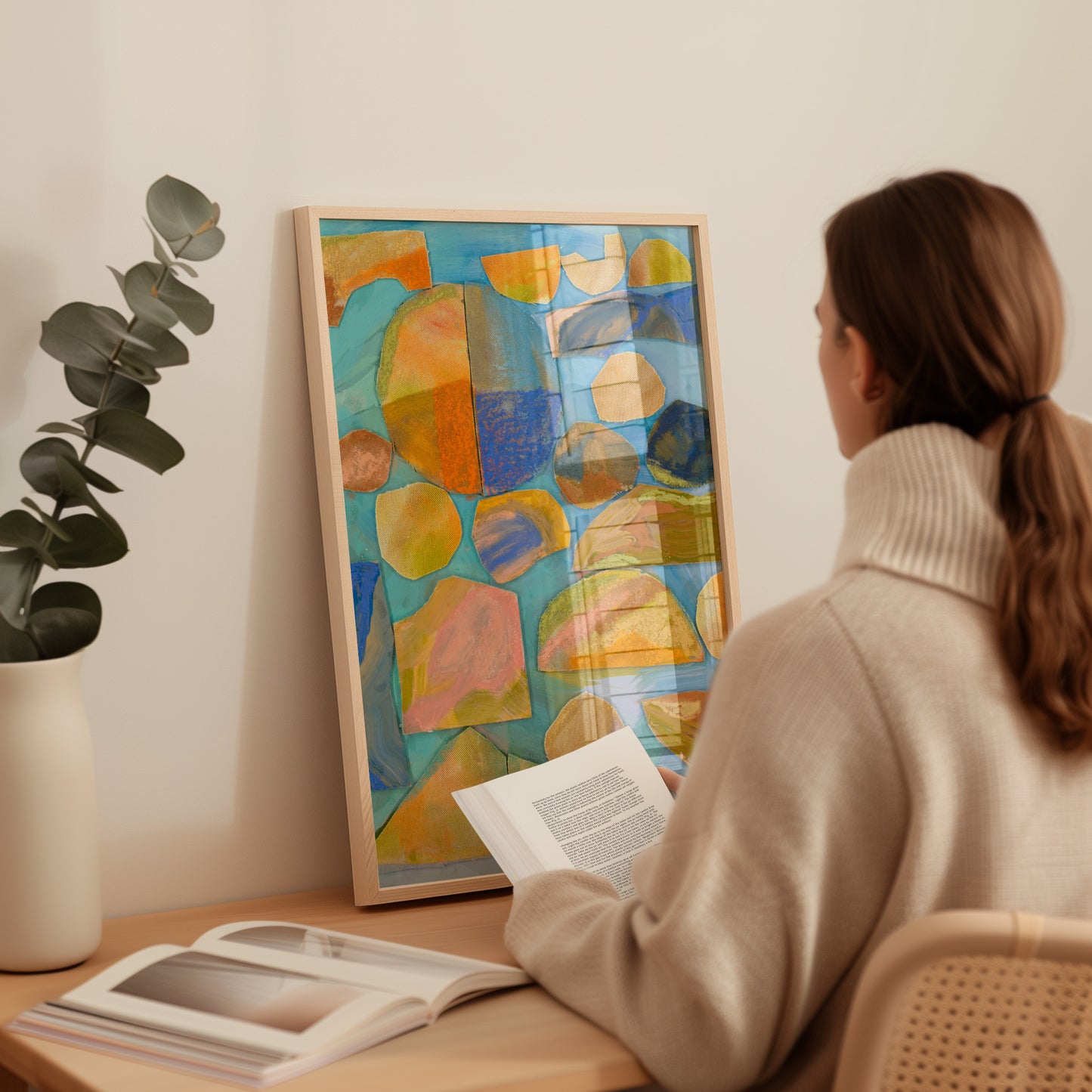Blue Orange Abstract Geometric Canvas Collage Wall Print