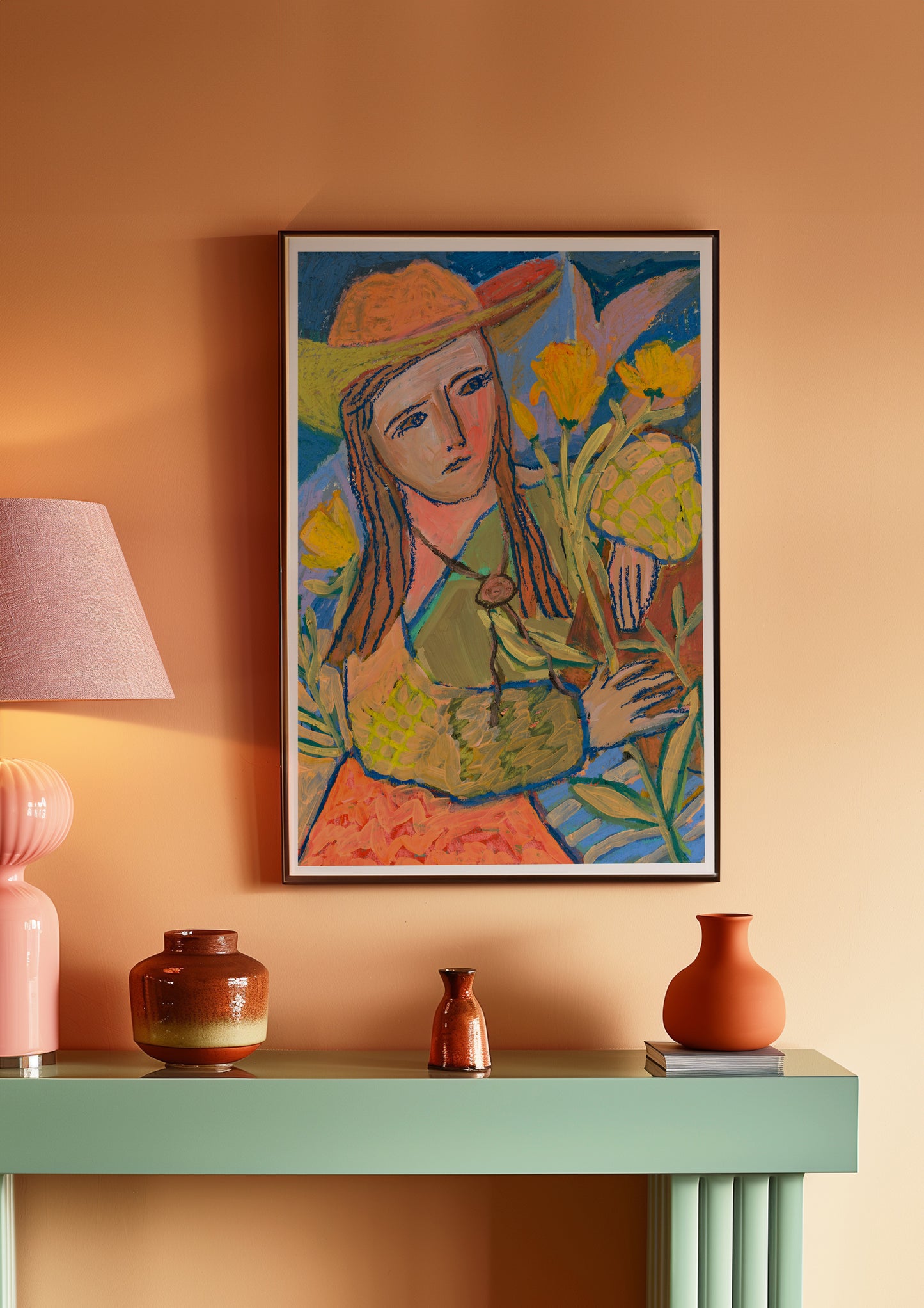 Cowgirl Yellow Roses Oil Pastel Print