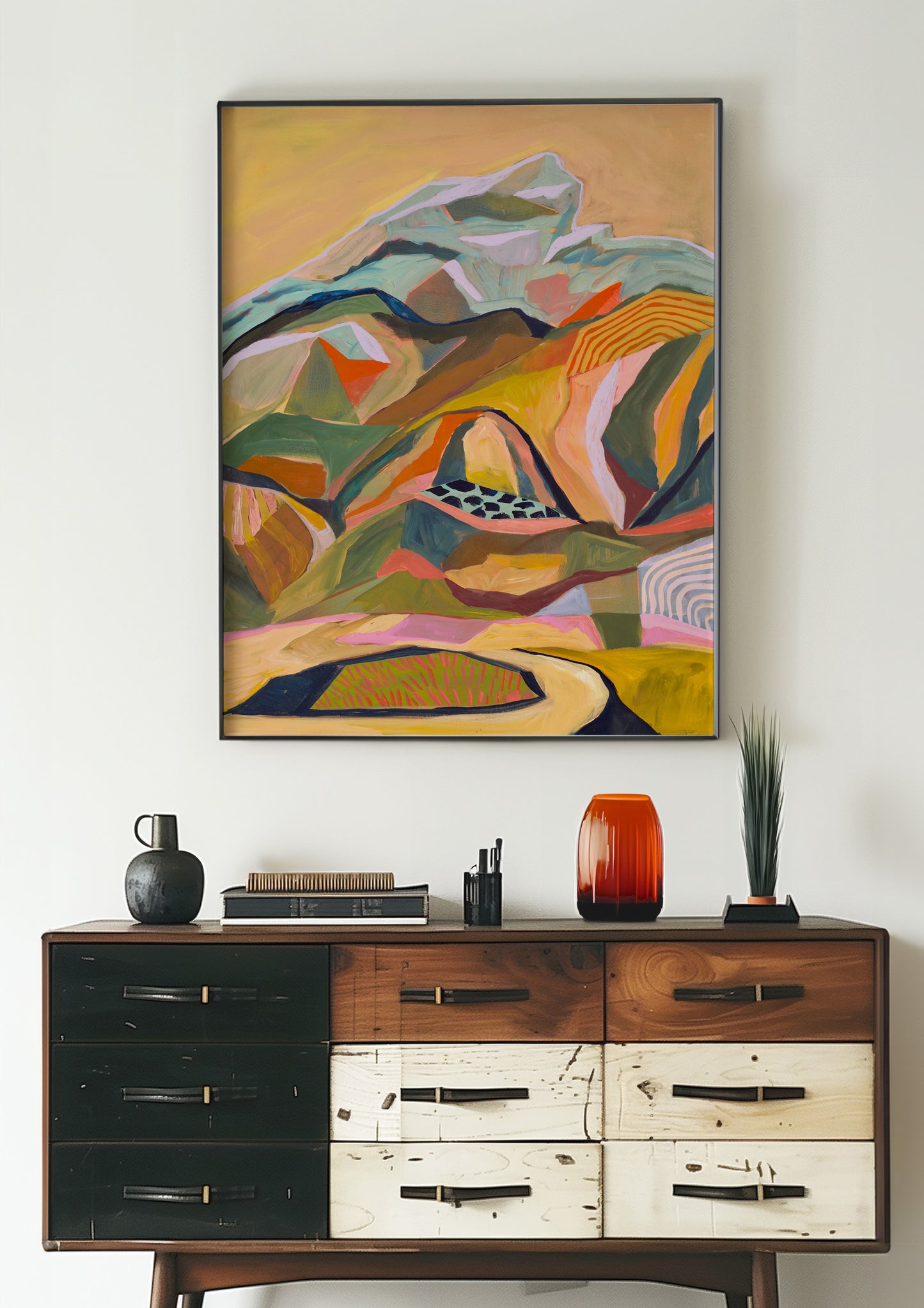 Ochre Midcentury Modern Mountain Landscape Print