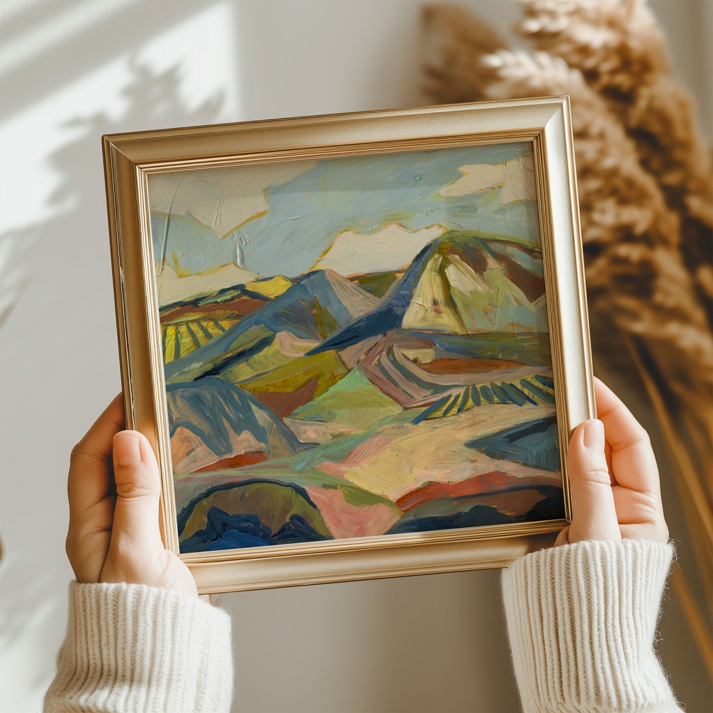 Greens and Neutral Boho Mountain Landscape Art Print