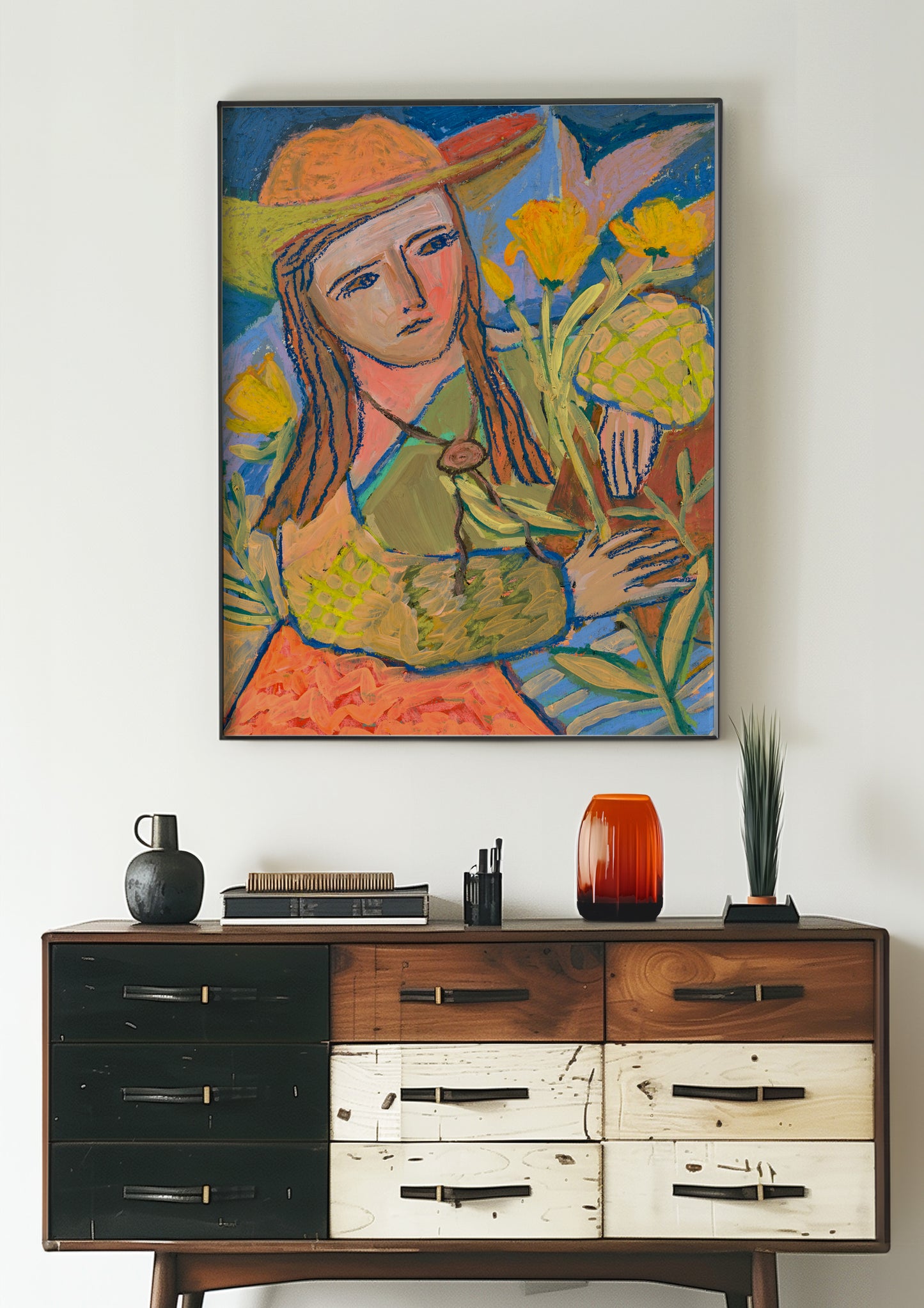 Cowgirl Yellow Roses Oil Pastel Print