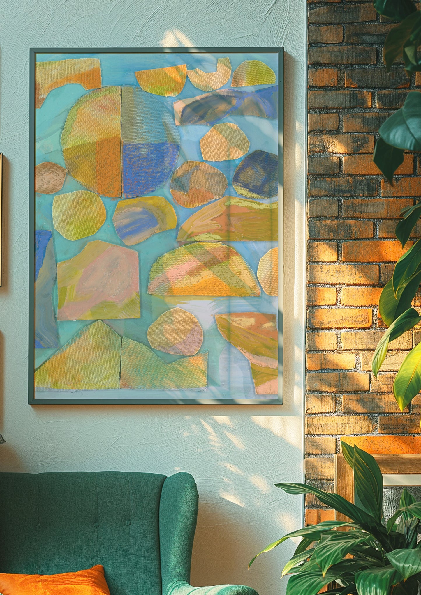 Blue Orange Abstract Geometric Canvas Collage Wall Print
