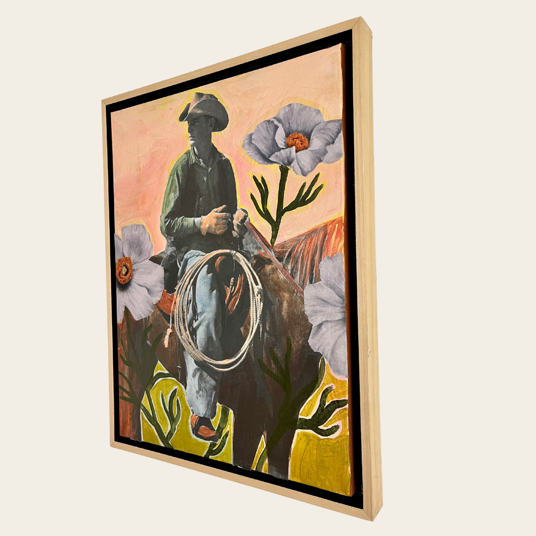 Vintage Cowboy and California Poppy Original Artwork - Framed, 12x16"