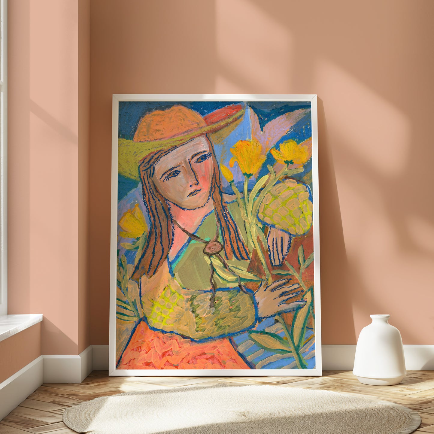 Cowgirl Yellow Roses Oil Pastel Print