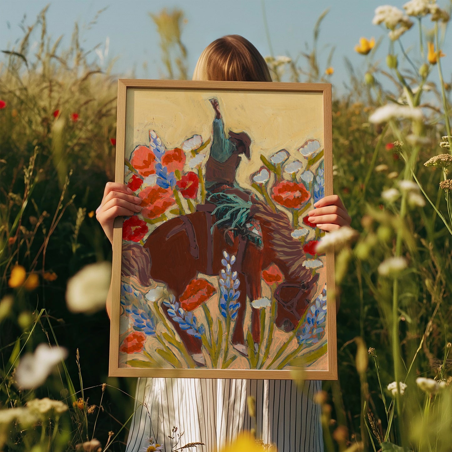 Bucking Bronco Cowboy Wildflowers Wall Art Print