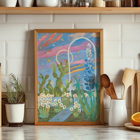 Bluebonnets Prickly Pear Sunset Print - El Baker Art