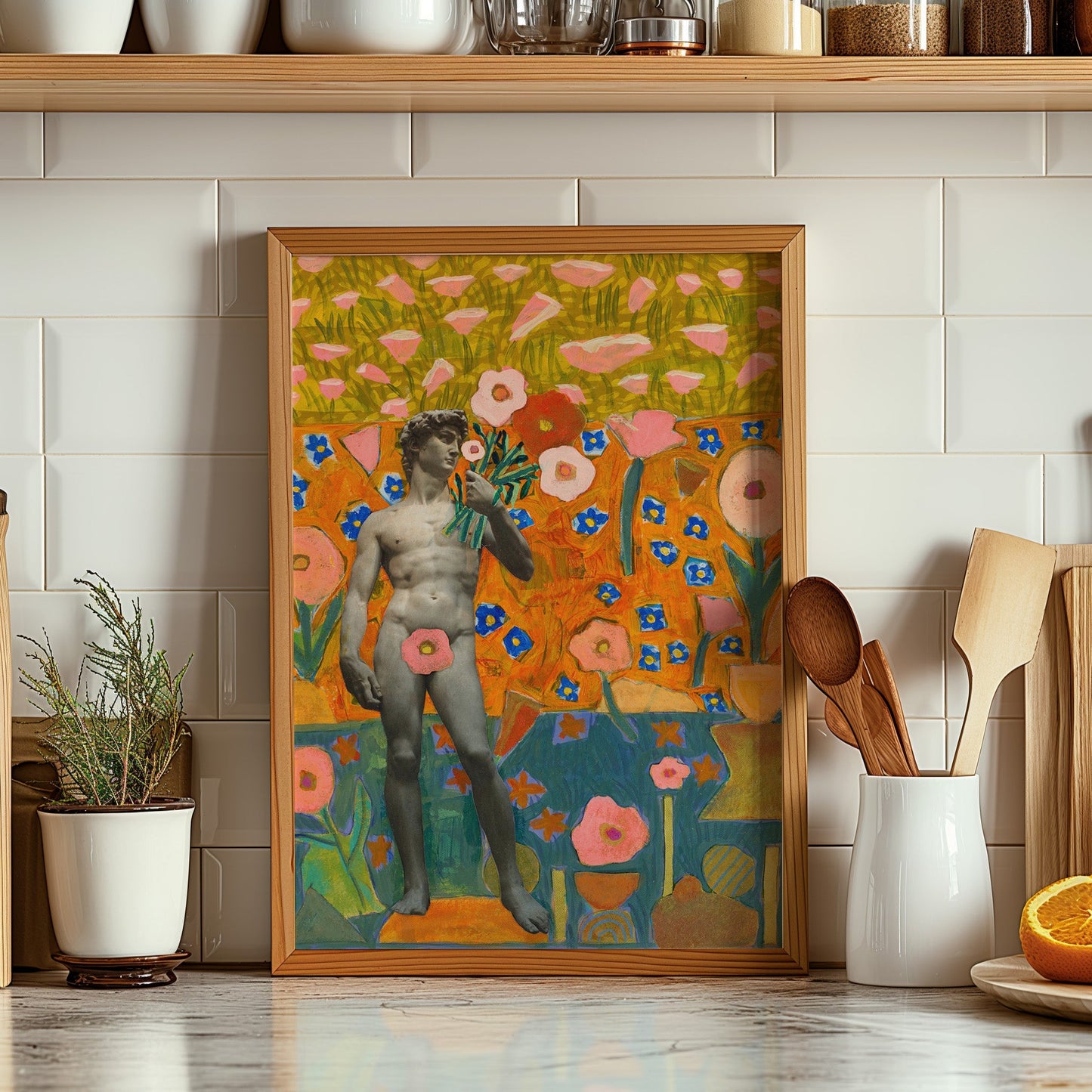 David Statue California Poppy Collage Print - El Baker Art