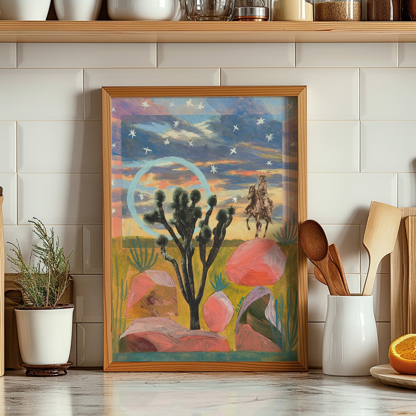 Desert Cowboy and Sunset Rocks Print - El Baker Art