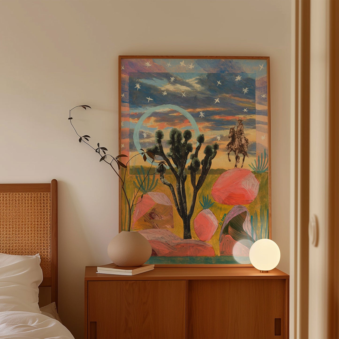 Desert Cowboy and Sunset Rocks Print - El Baker Art