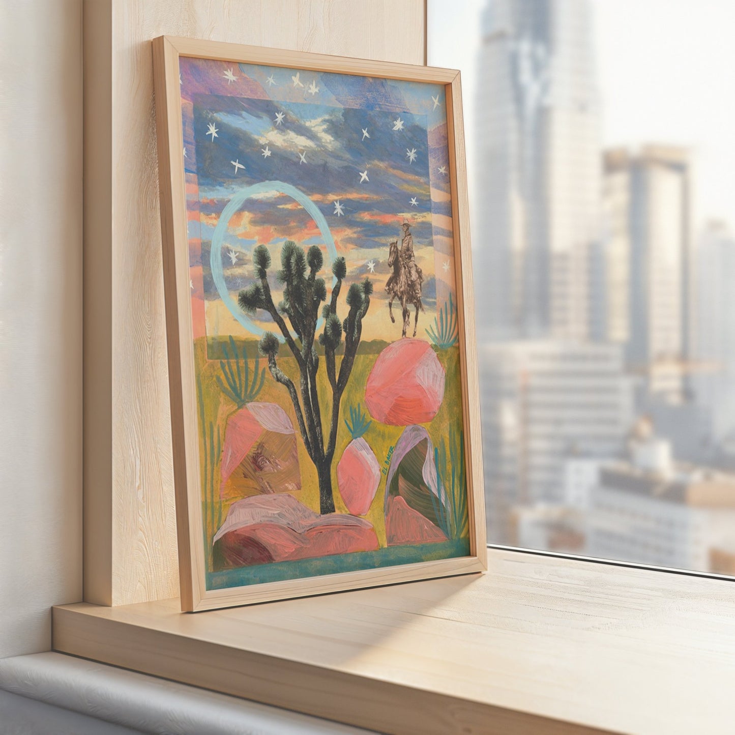 Desert Cowboy and Sunset Rocks Print - El Baker Art
