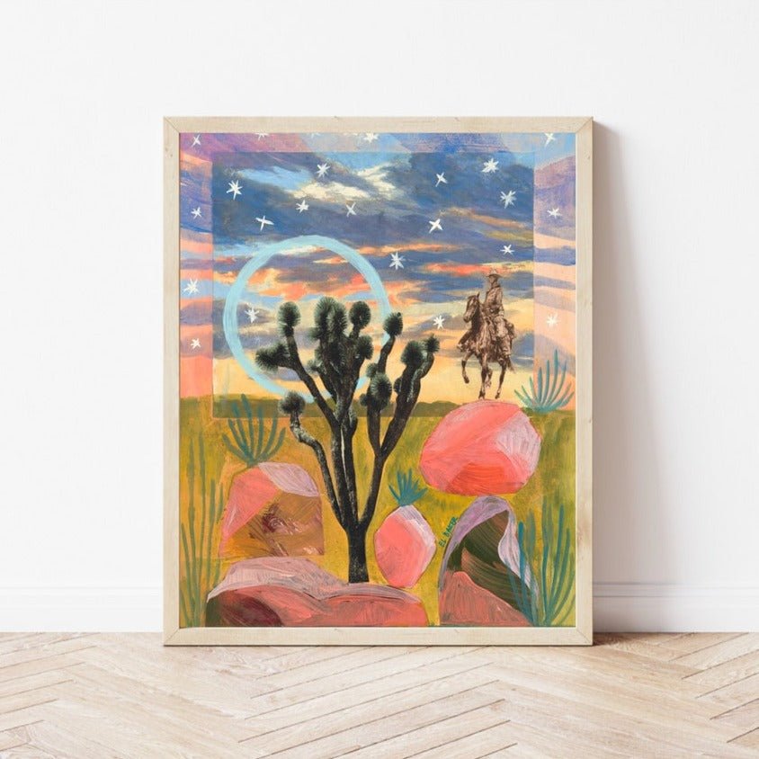 Desert Cowboy and Sunset Rocks Print - El Baker Art