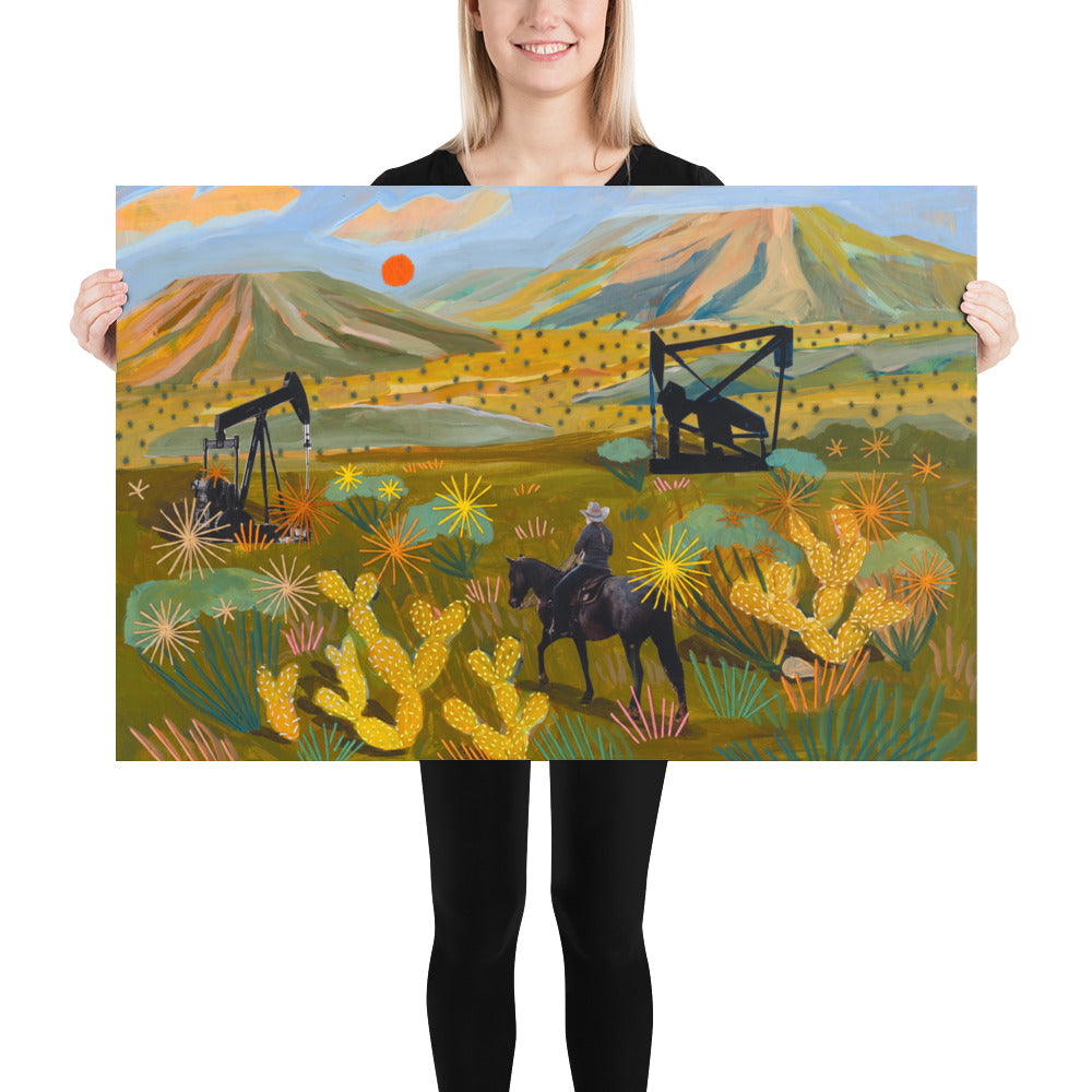 Embroidered Cowgirl and Pump Jacks Mixed Media Texas Print