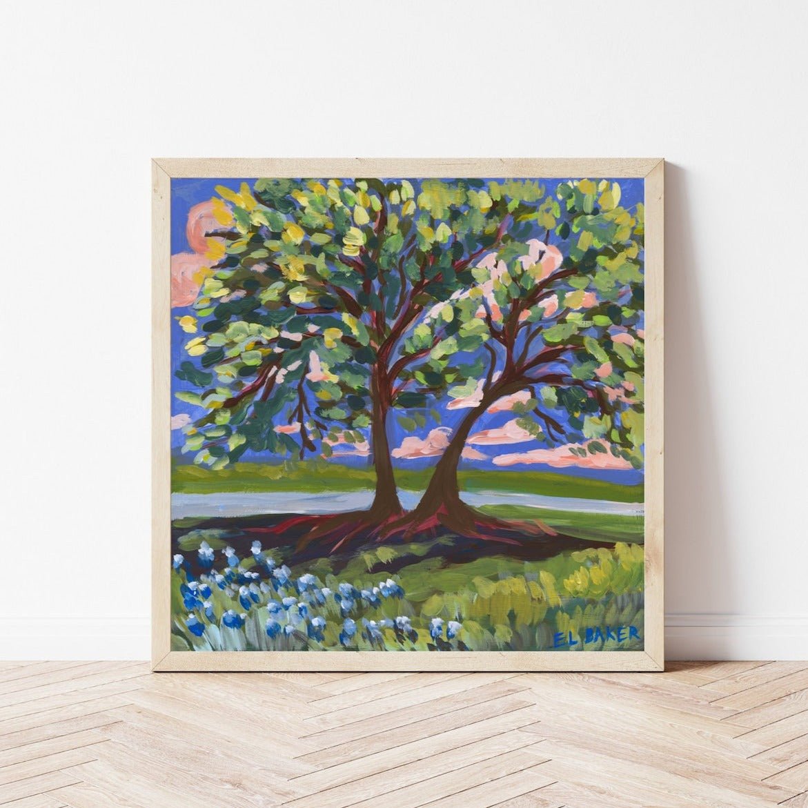 Live Oak Tree and Bluebonnets Print - El Baker Art