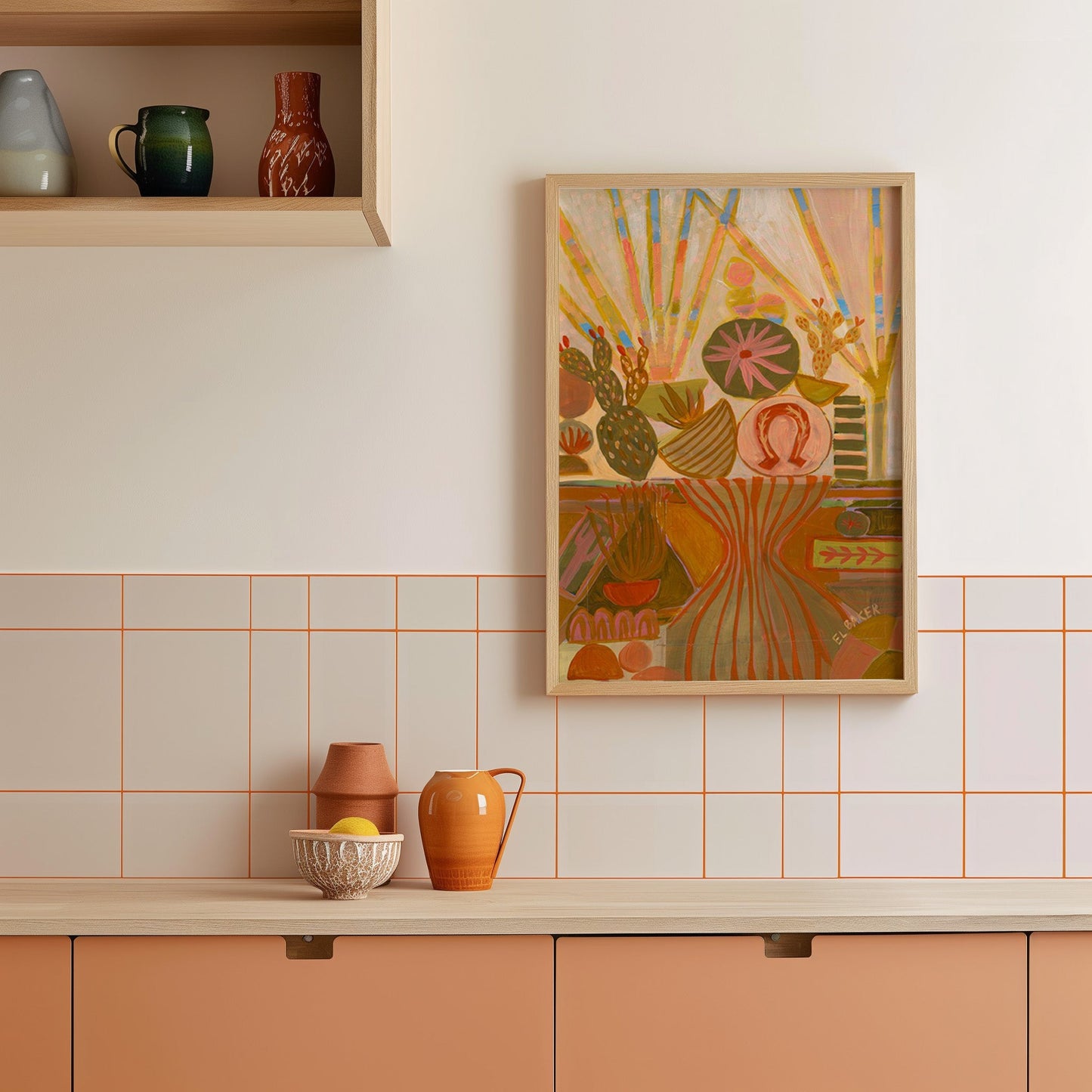 Peach Prickly Pear Cactus Still Life Print - El Baker Art