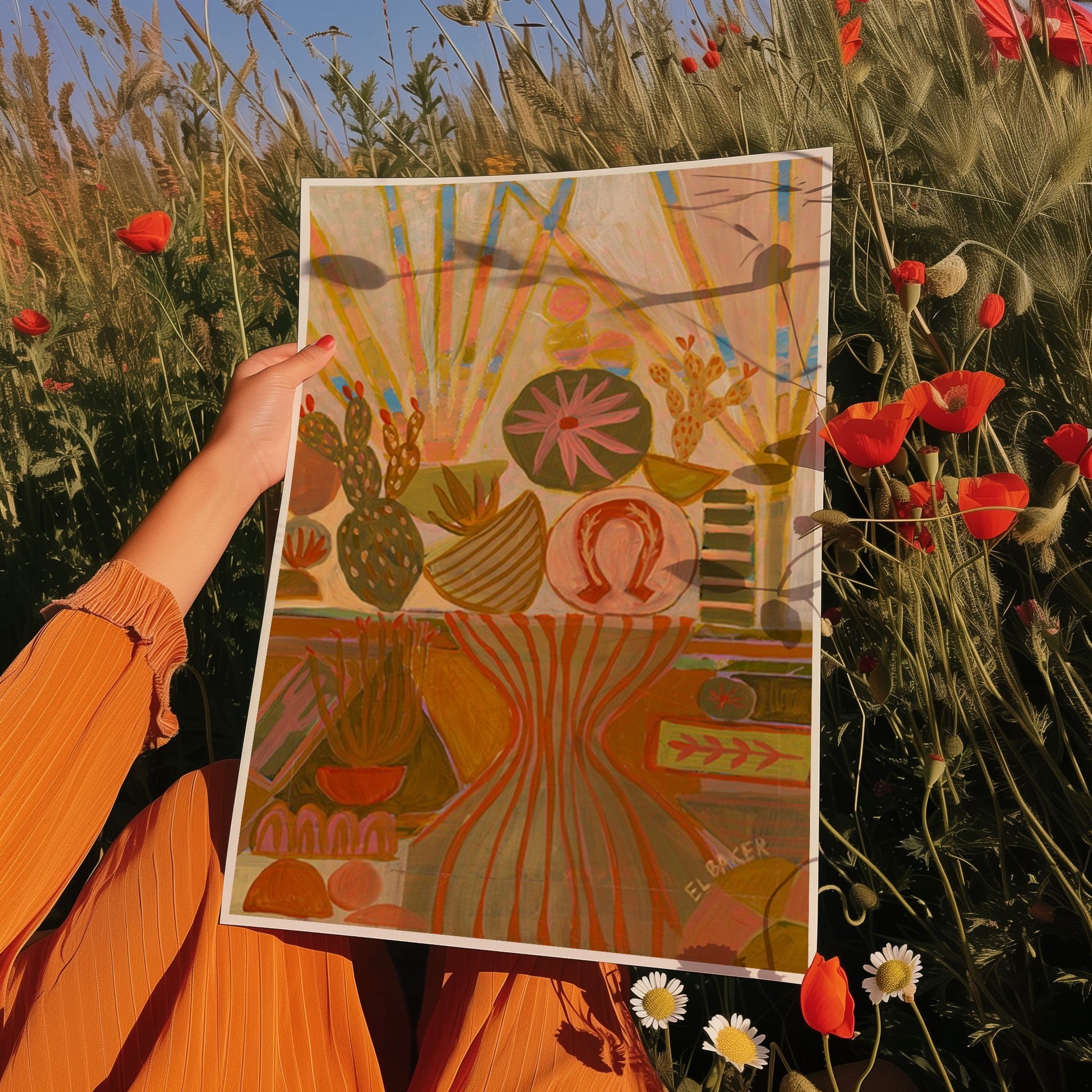 Peach Prickly Pear Cactus Still Life Print - El Baker Art