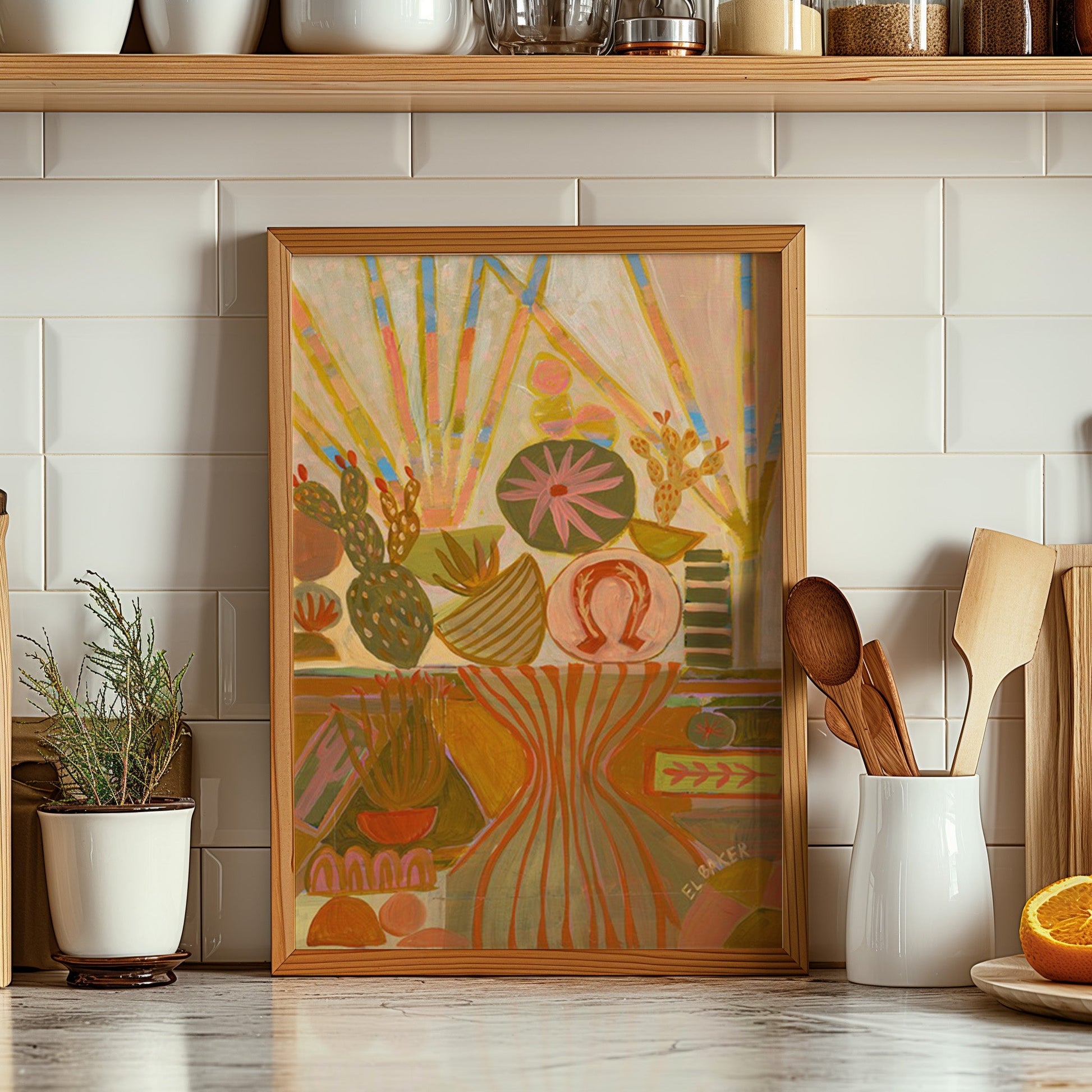 Peach Prickly Pear Cactus Still Life Print - El Baker Art