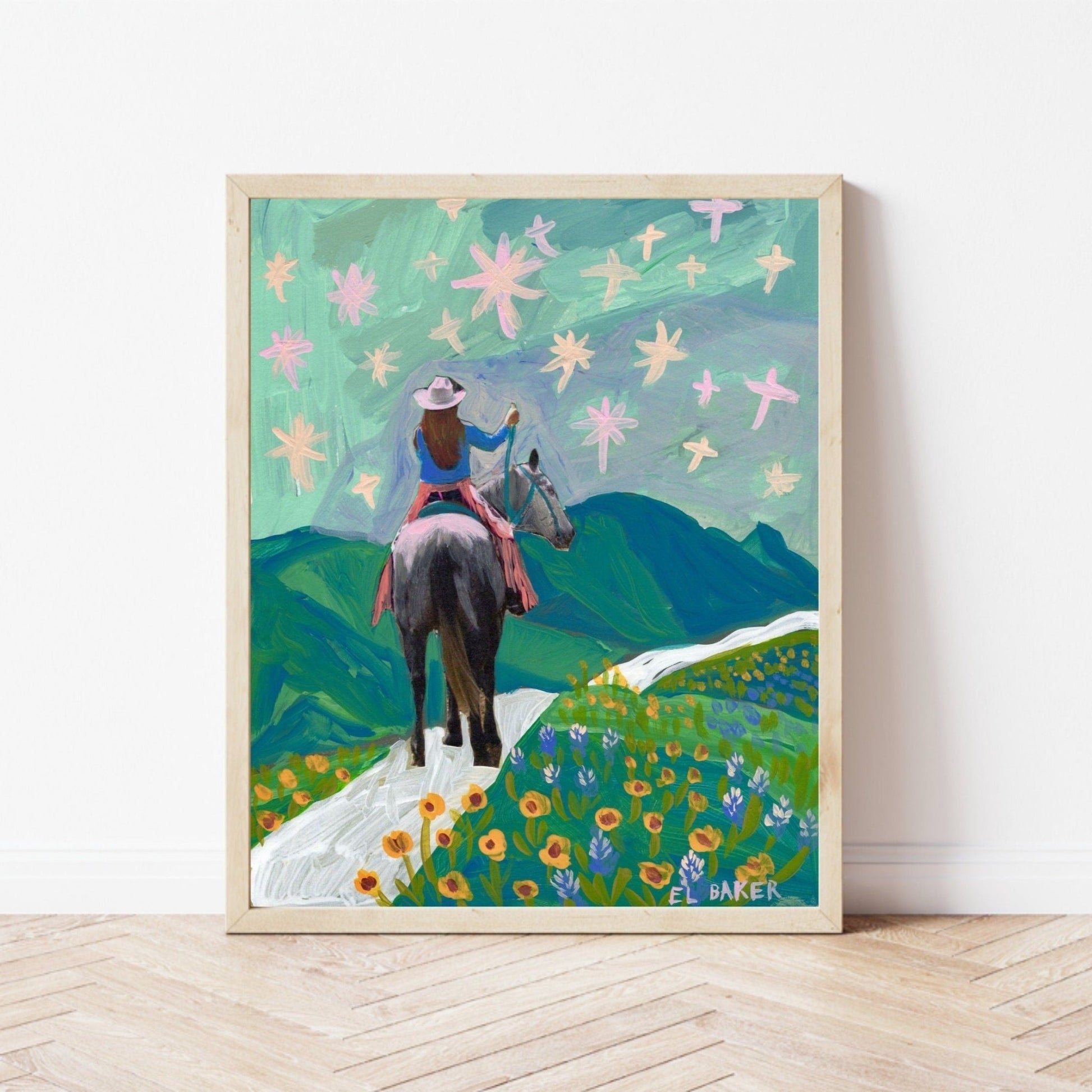 Texas Wildflowers Cowgirl Art Print - El Baker Art