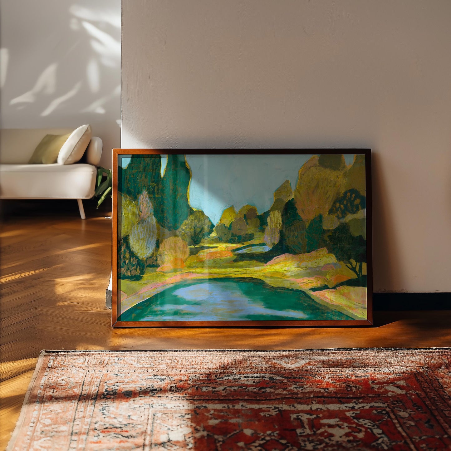 Natural Pool Midcentury Modern Nature Scene Giclee Art Print | Green Blue Tones Oil Pastel Trees Wall Decor Boho Eclectic Original