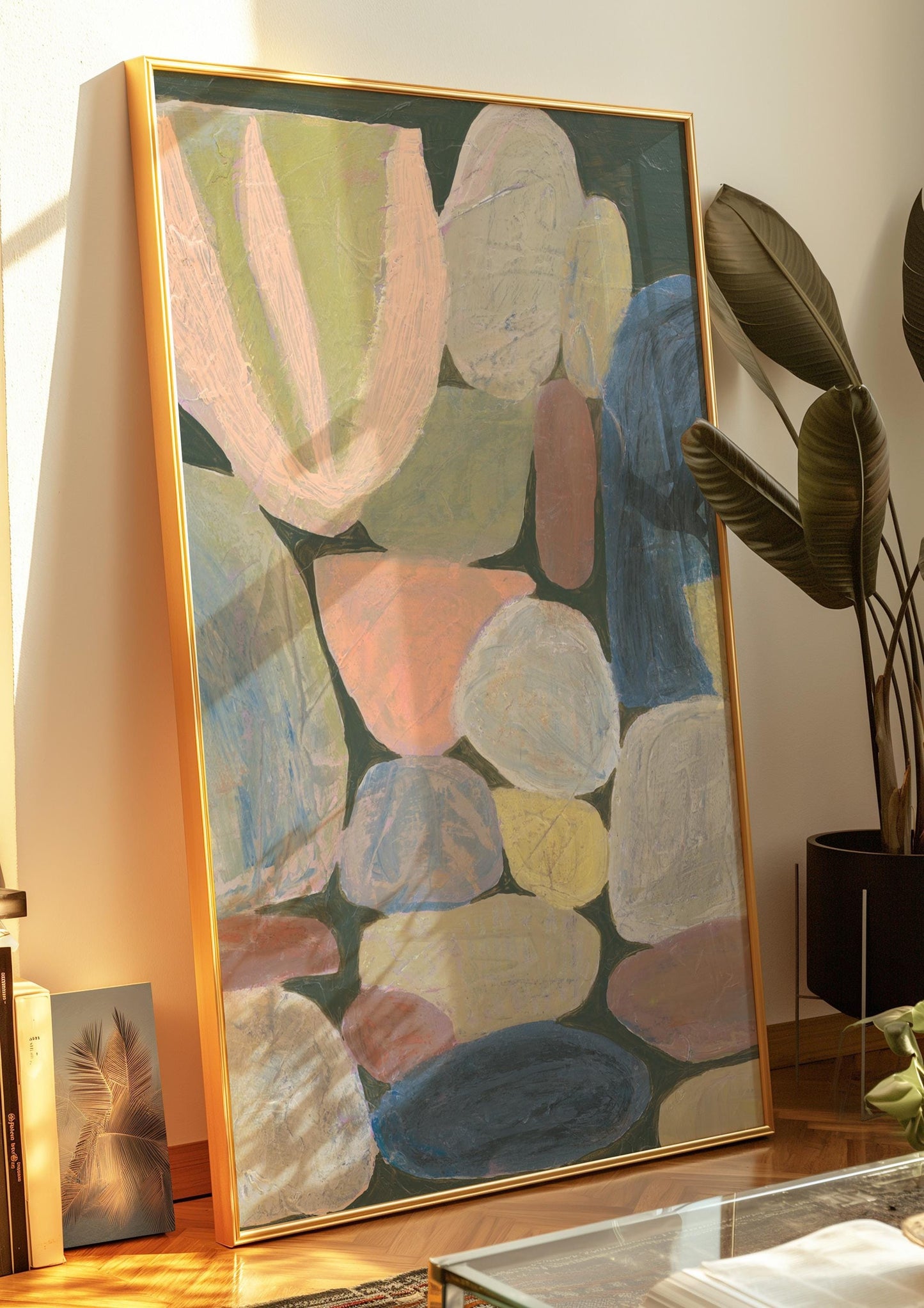 Midcentury Modern Neutral Rocks Painting Giclee Print | Earth Tones Dark Green Light Abstract Minimalist Wall Decor Eclectic Original