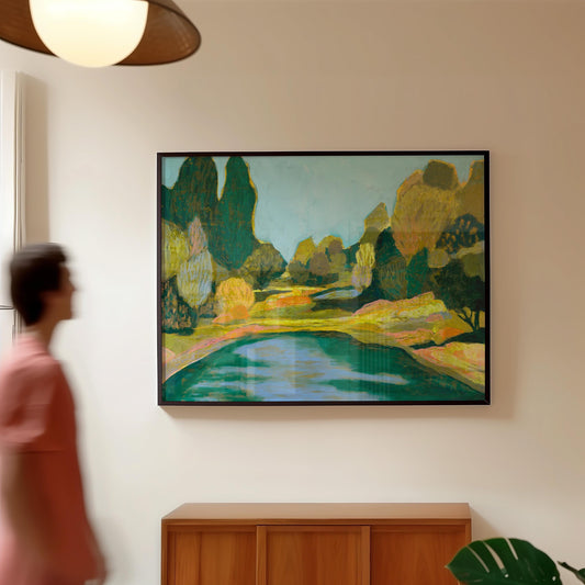 Natural Pool Midcentury Modern Nature Scene Giclee Art Print | Green Blue Tones Oil Pastel Trees Wall Decor Boho Eclectic Original