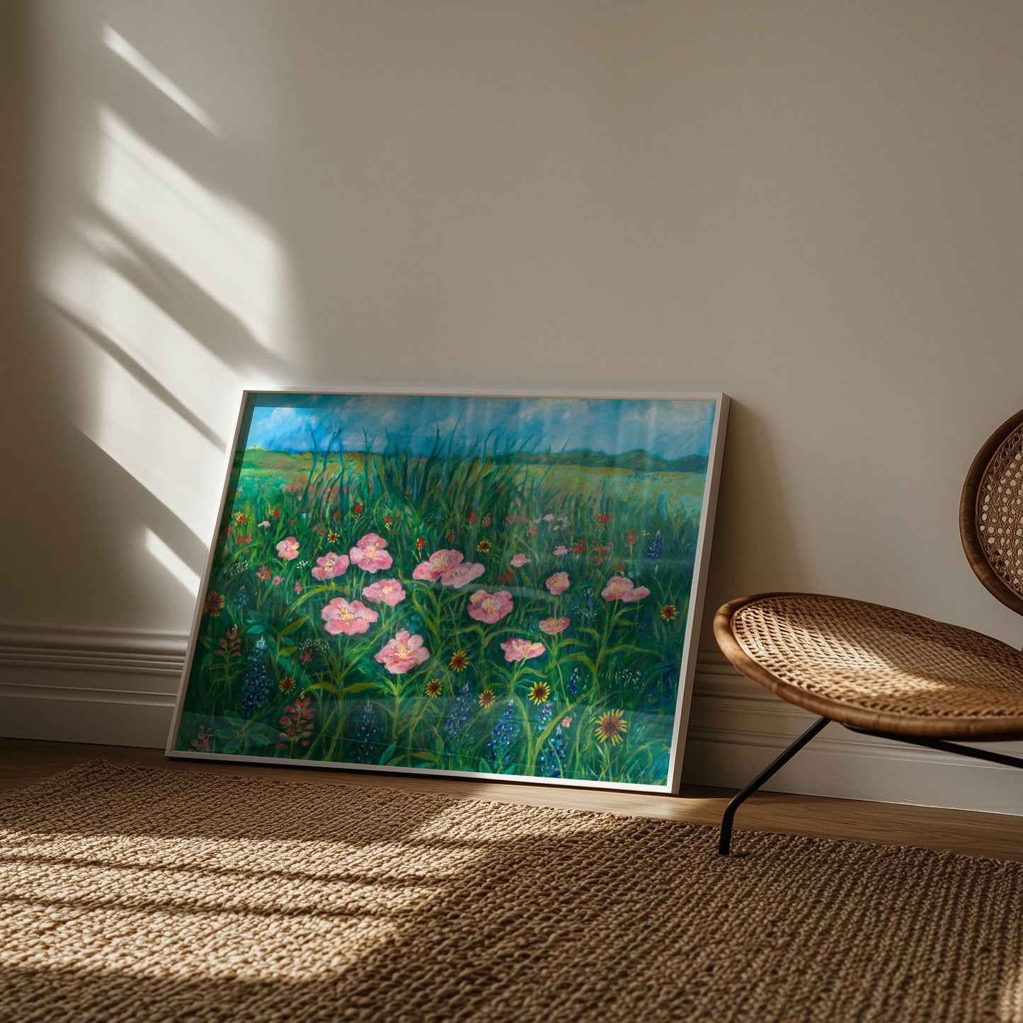 GUEST ARTIST | Texas Wildflower Field Pink Poppy Oil Painting Giclee Print Bluebonnets Botanical Nature Wall Decor Boho Southwest Original