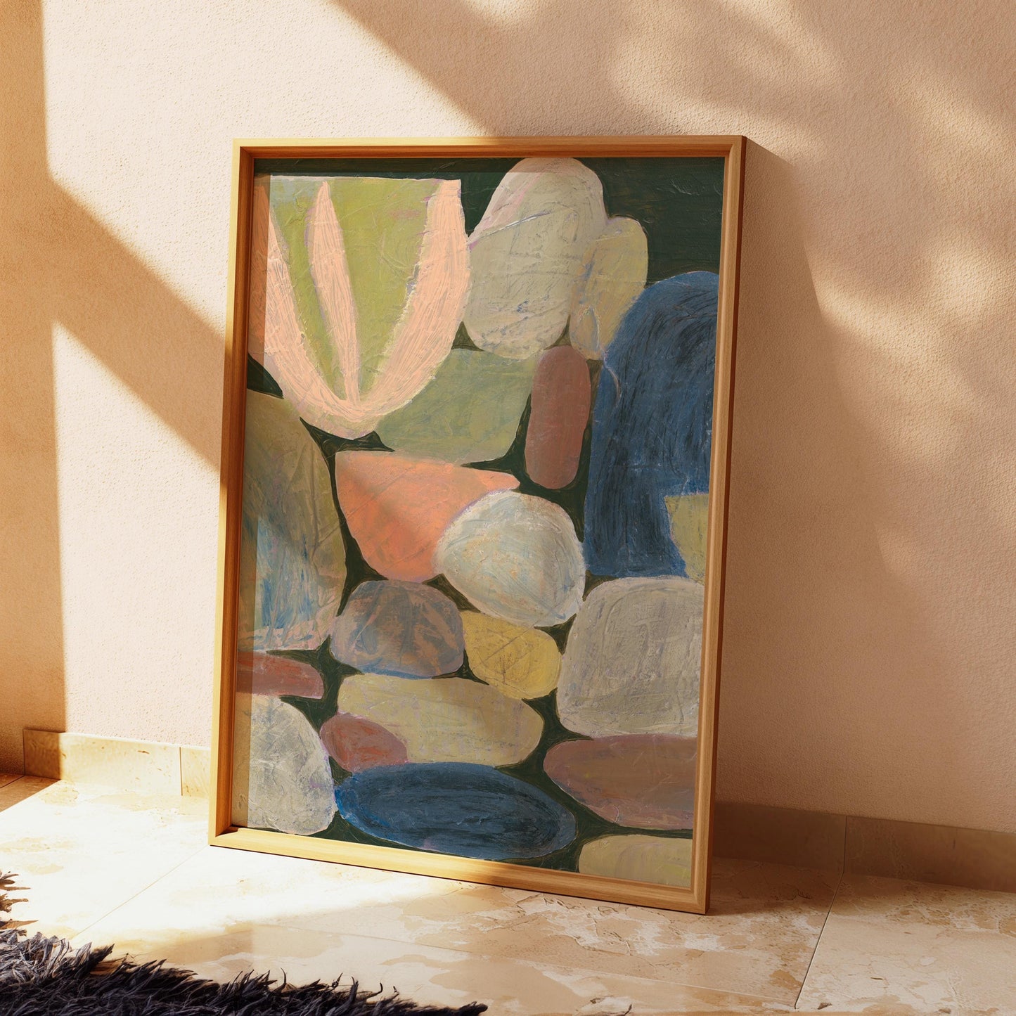 Midcentury Modern Neutral Rocks Painting Giclee Print | Earth Tones Dark Green Light Abstract Minimalist Wall Decor Eclectic Original