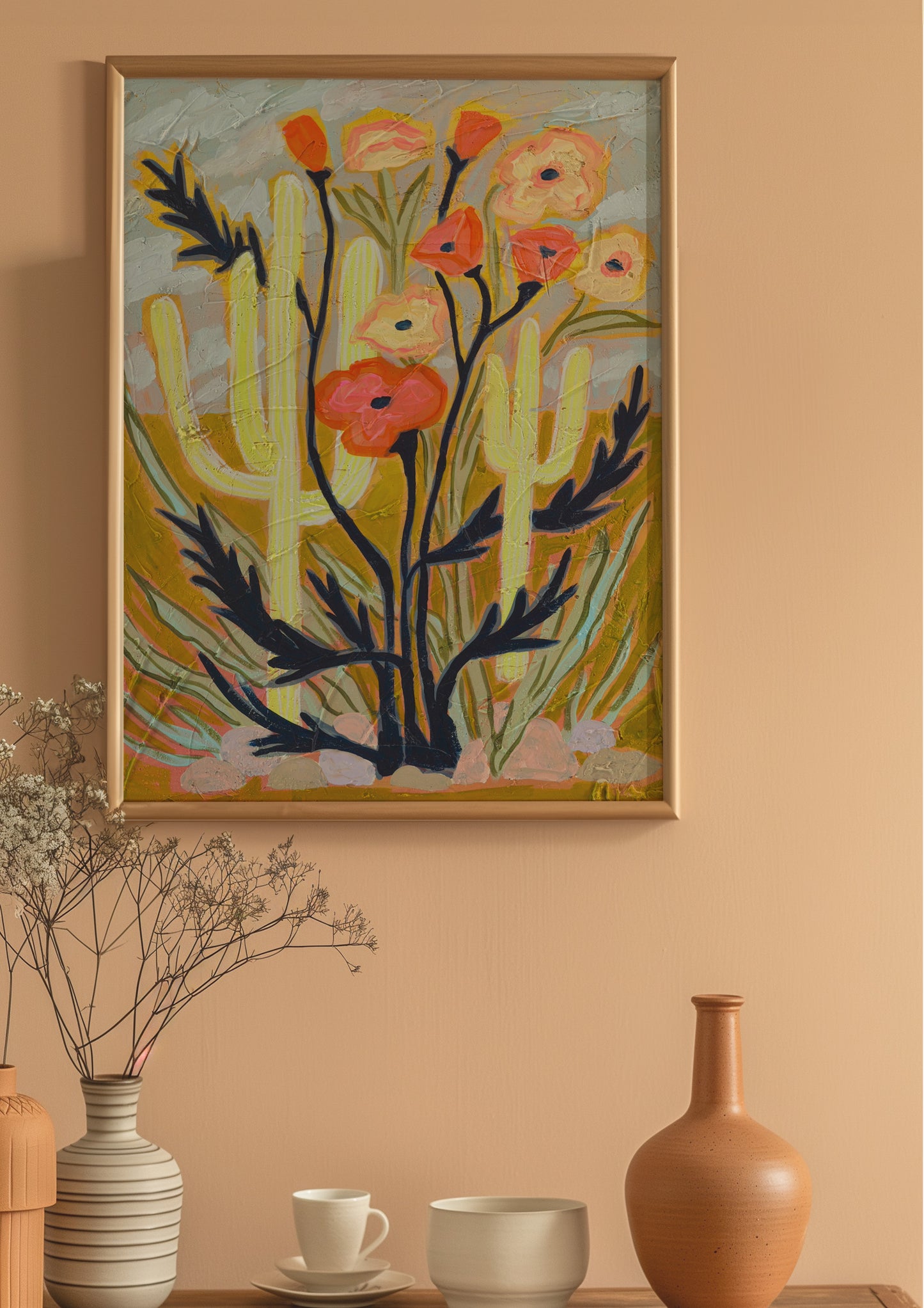Saguaro Cactus Poppy Wildflower Art Print