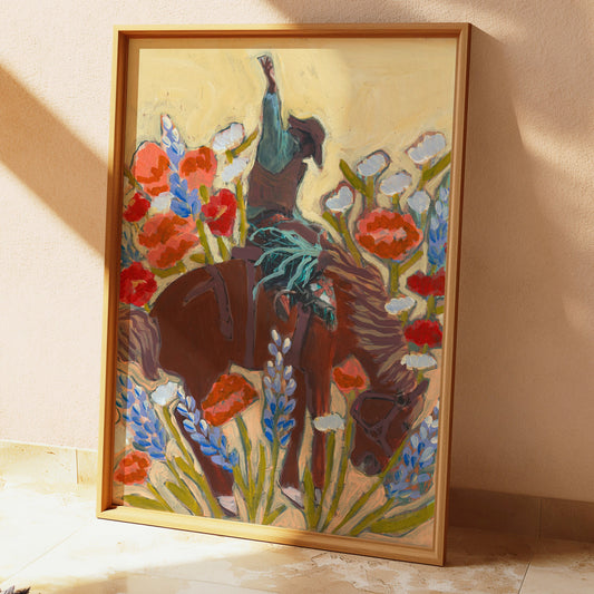 Bucking Bronco Cowboy Wildflowers Wall Art Print