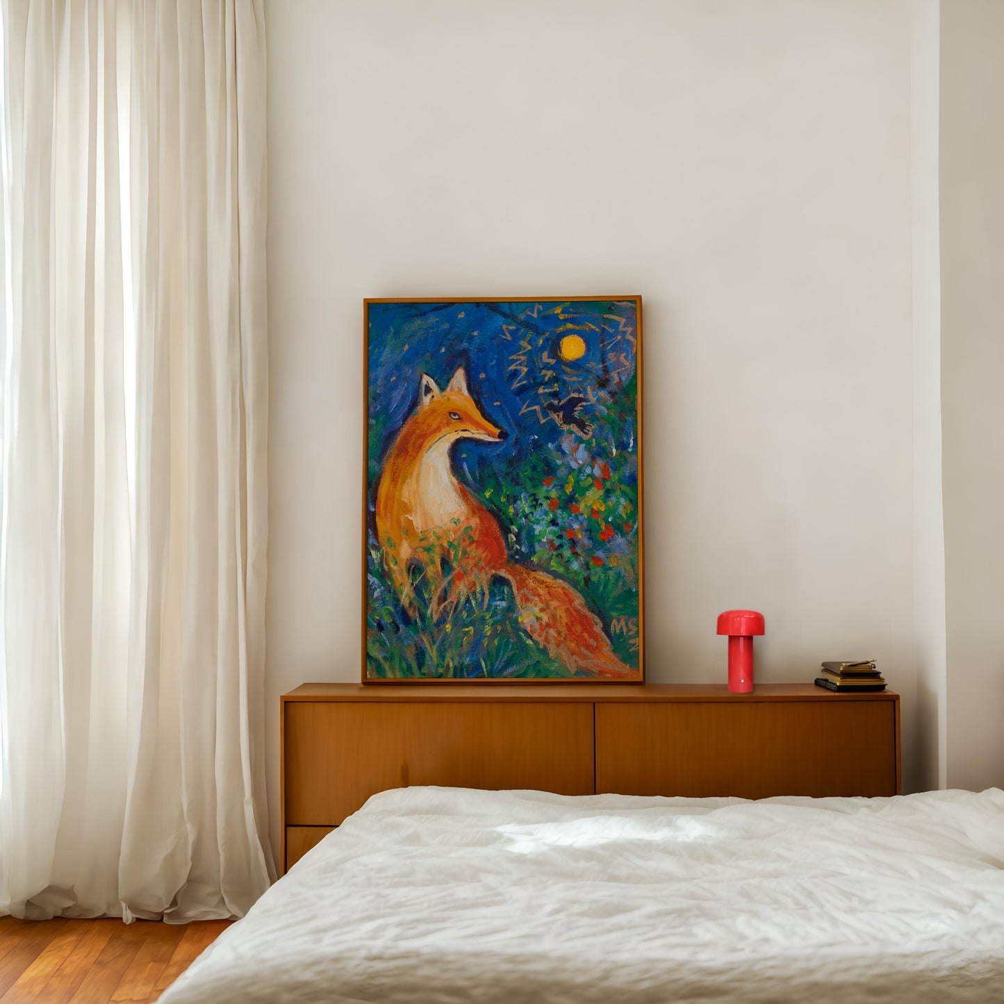 GUEST ARTIST: Fox Oil Painting Under Moonlight | Whimsical Nature Wall Art | Boho Eclectic Home Decor | Unique Large Canvas Art Gift