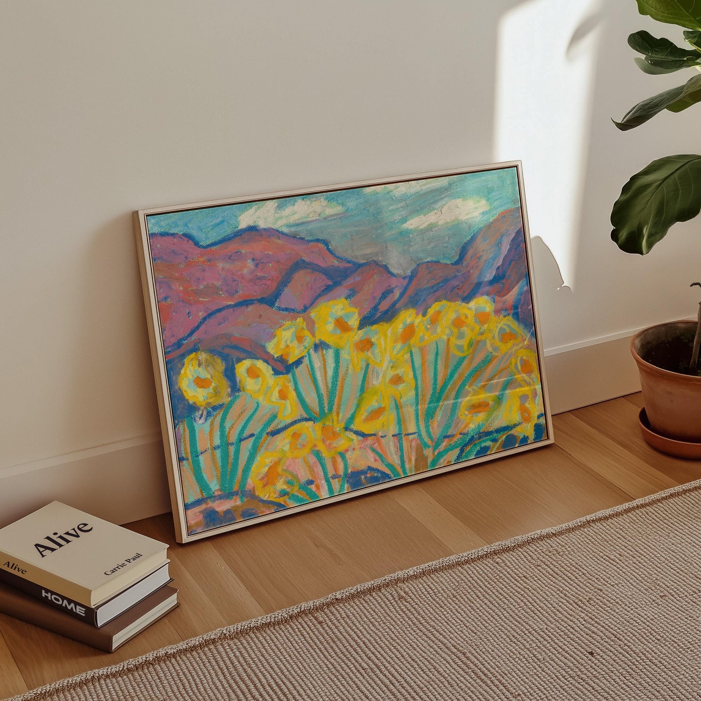 Yellow Flower Mountain Landscape Print | Vintage Oil Pastel Art