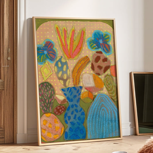 Colorful abstract painting on a wall in a room with a rug and coffee table.