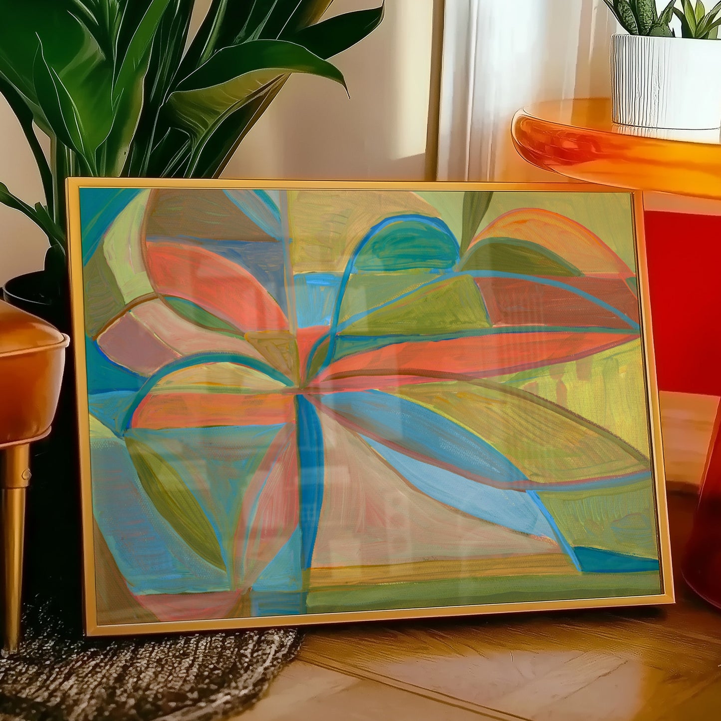 Abstract painting on a wooden floor with plants and a colorful chair in the background