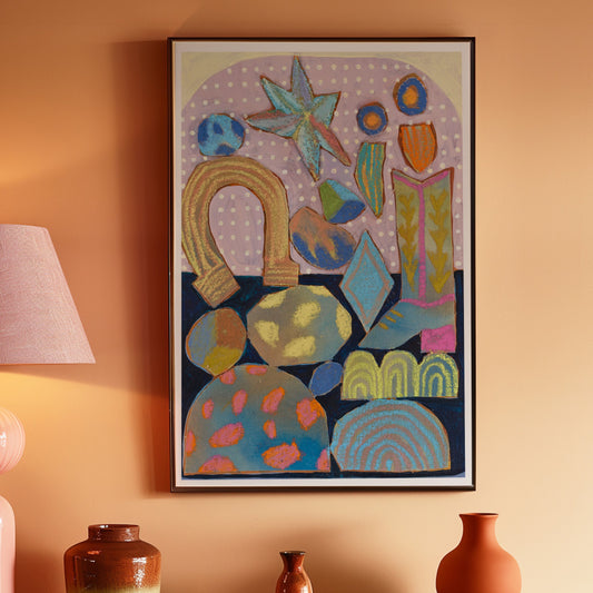 Colorful abstract art piece on an orange wall above a green console table with decorative vases.