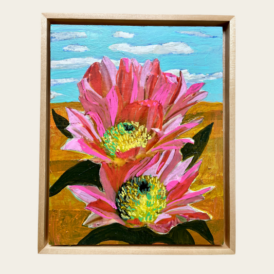 Pink Desert Cactus Flowers Original Artwork - Framed, 8x10"