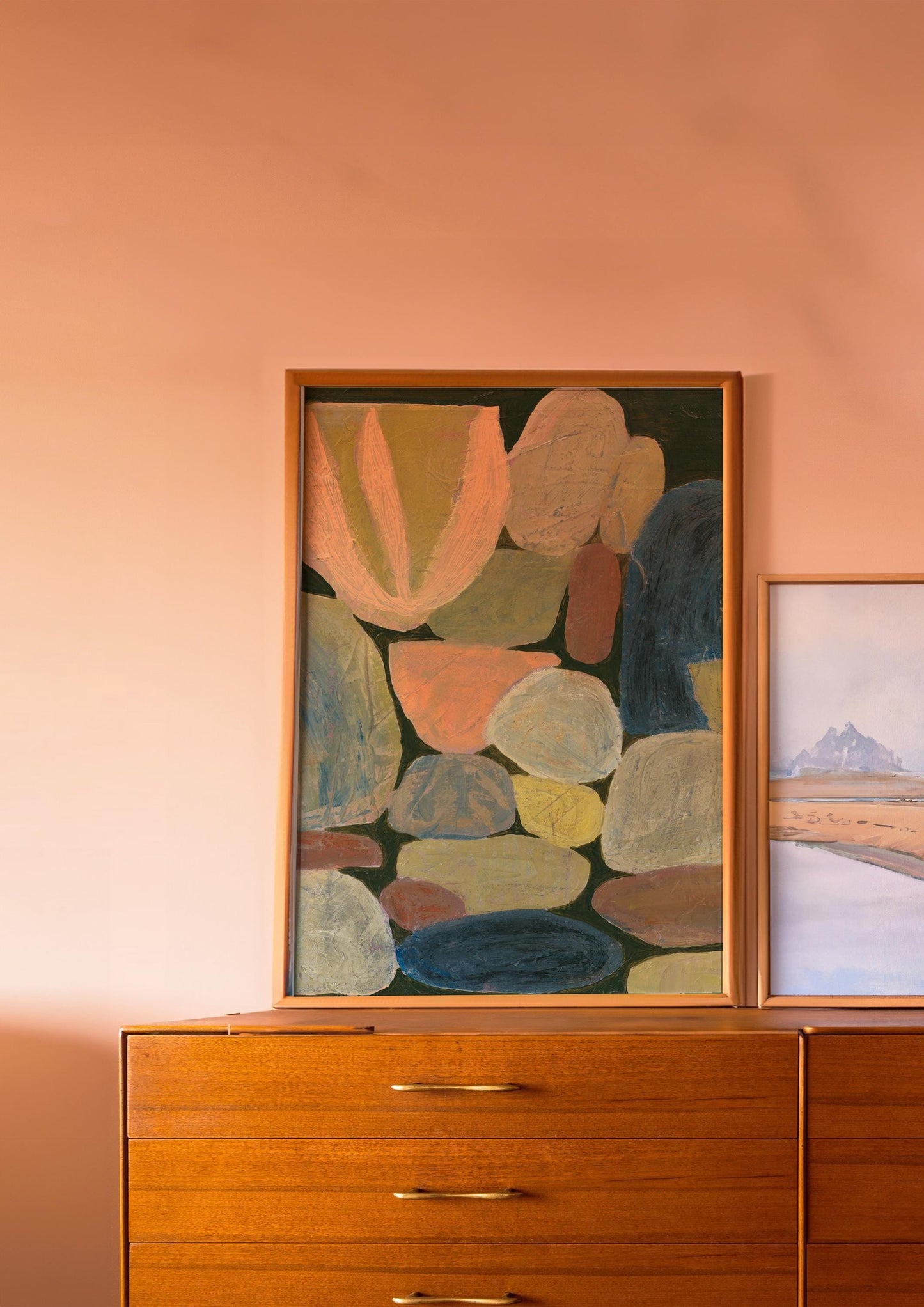 Midcentury Modern Neutral Rocks Painting Giclee Print | Earth Tones Dark Green Light Abstract Minimalist Wall Decor Eclectic Original