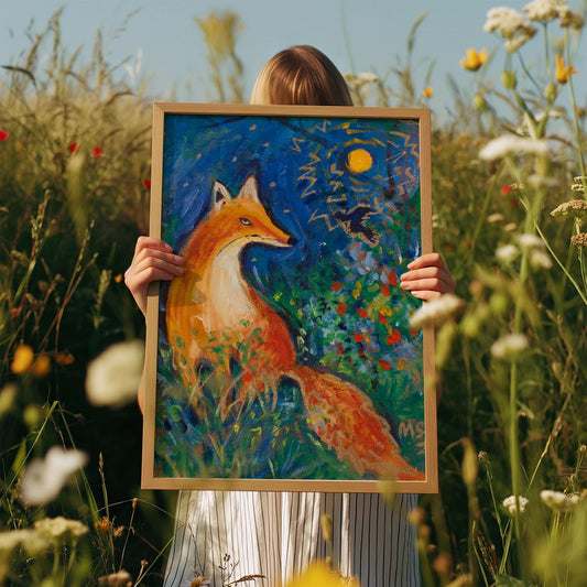 GUEST ARTIST: Fox Oil Painting Under Moonlight | Whimsical Nature Wall Art | Boho Eclectic Home Decor | Unique Large Canvas Art Gift
