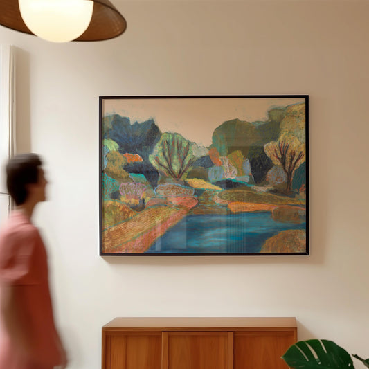 Midcentury Modern River Swimming Hole Nature Scene Giclee Art Print | Oil Pastel Trees Neutral Colors Wall Decor Boho Eclectic Original
