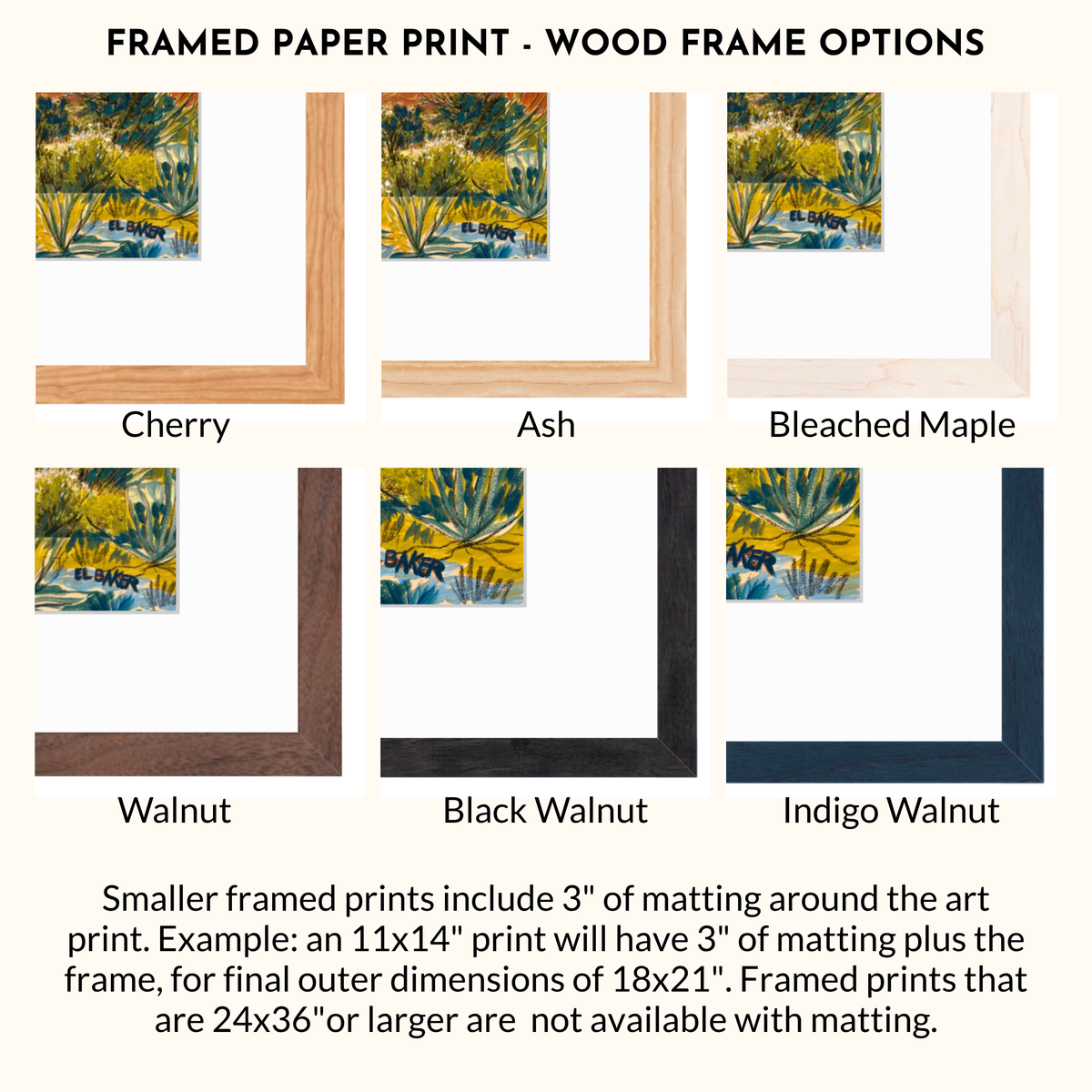 a collection of framed paper prints, each with a different wood frame option. The framed prints include cherry, ash, bleached maple, walnut, black walnut, and indigo walnut frames. The image also provides information about the size of the framed prints, with smaller framed prints including 3" of matting around the art print and larger framed prints not being available with matting.