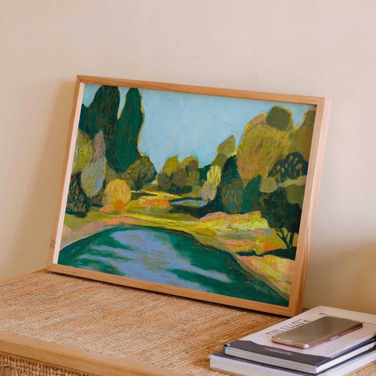 Natural Pool Midcentury Modern Nature Scene Giclee Art Print | Green Blue Tones Oil Pastel Trees Wall Decor Boho Eclectic Original
