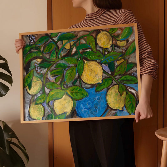 Guest Artist Lemon Oil Painting Print | Citrus Leaves Art | Vintage Kitchen Decor | Botanical Wall Poster | Retro Home Vibes