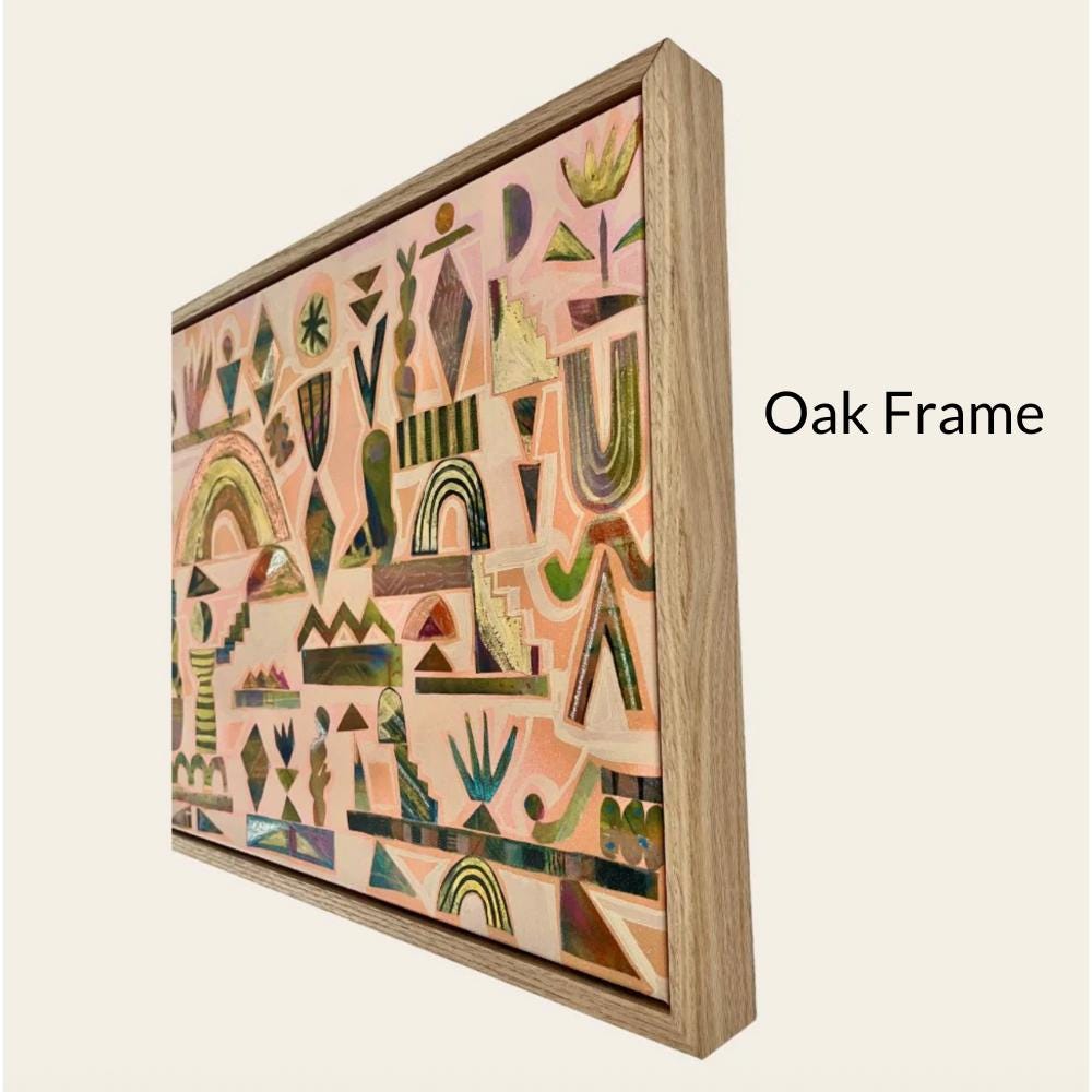 a vibrant abstract artwork with a variety of geometric shapes and patterns, including triangles, rectangles, and circles, all rendered in a variety of colors such as pink, green, and yellow. The artwork is framed in a wooden frame, and the text "Oak Frame" is visible in the image.