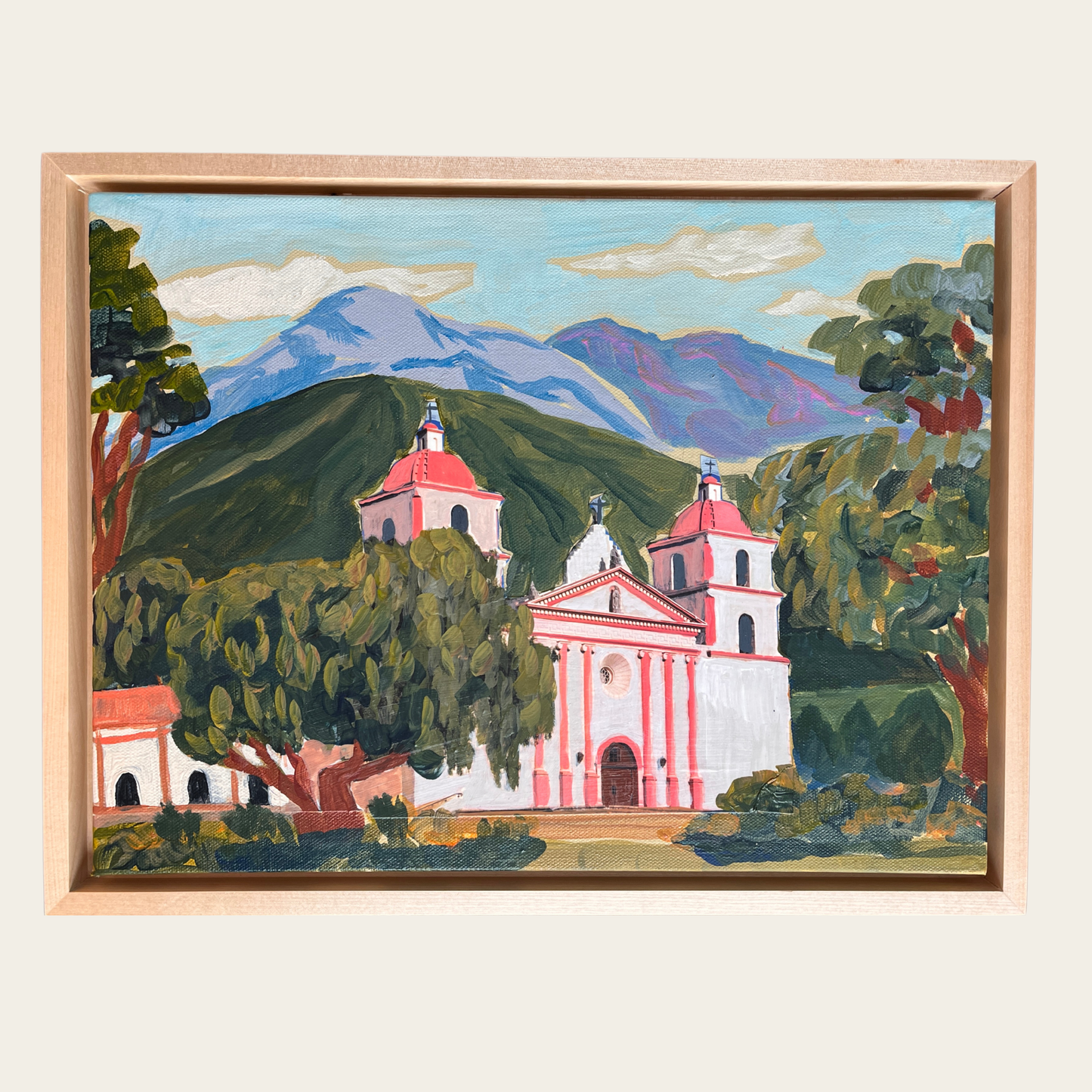 Santa Barbara Mission - Oil Pastel & Vintage Photo Mixed Media Original Artwork - 11x14" Framed in Maple Wood Float Frame