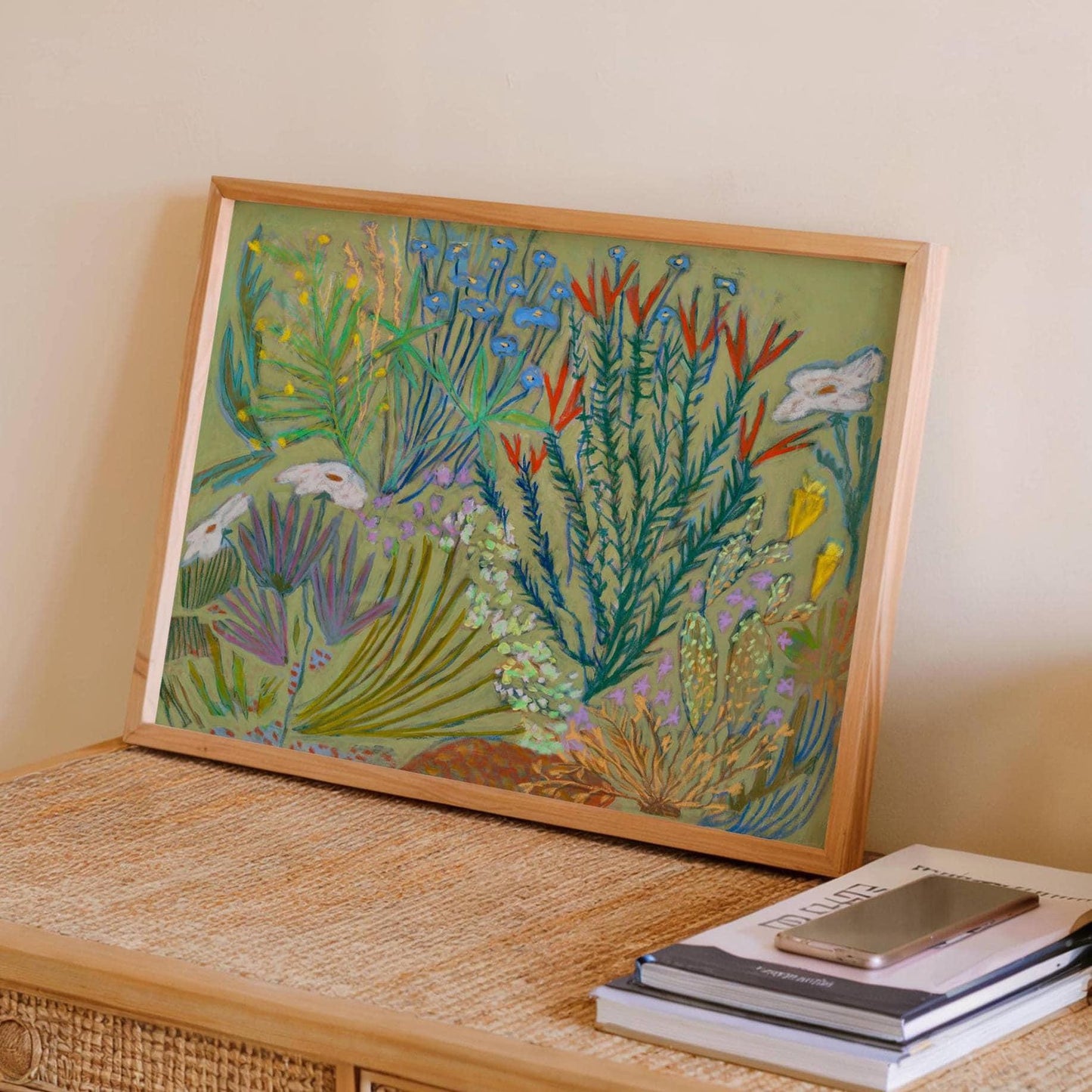 Texas Native Plants Giclee Art Print | Ocotillo Prickly Pear Cactus Poppy Wildflower Boho Southwest Desert Decor Modern Western Aesthetic