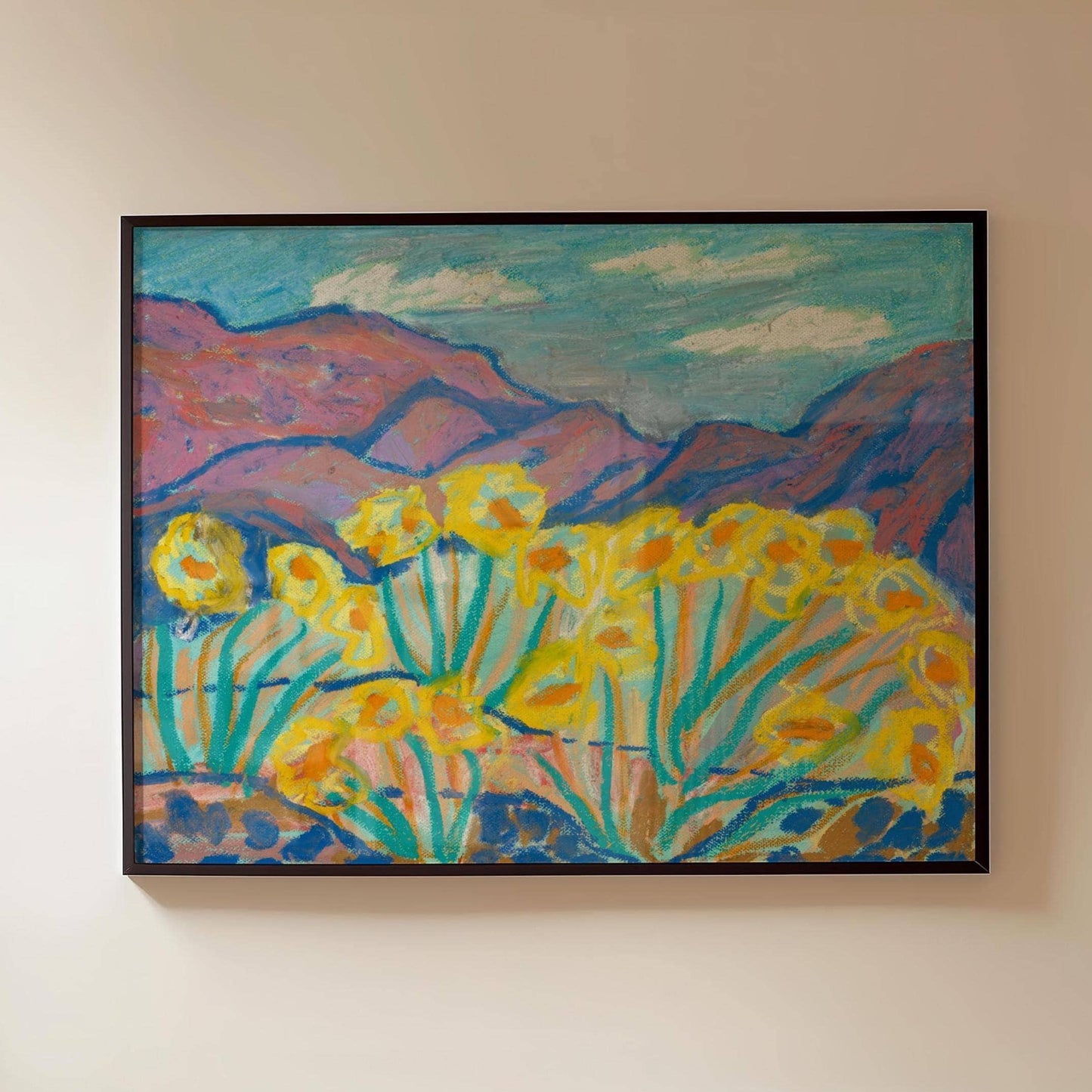 Yellow Flower Mountain Landscape Print | Vintage Oil Pastel Art