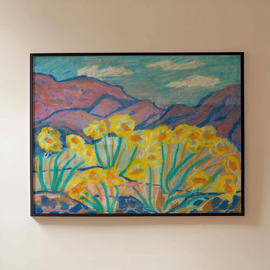 Yellow Flower Mountain Landscape Print | Vintage Oil Pastel Art