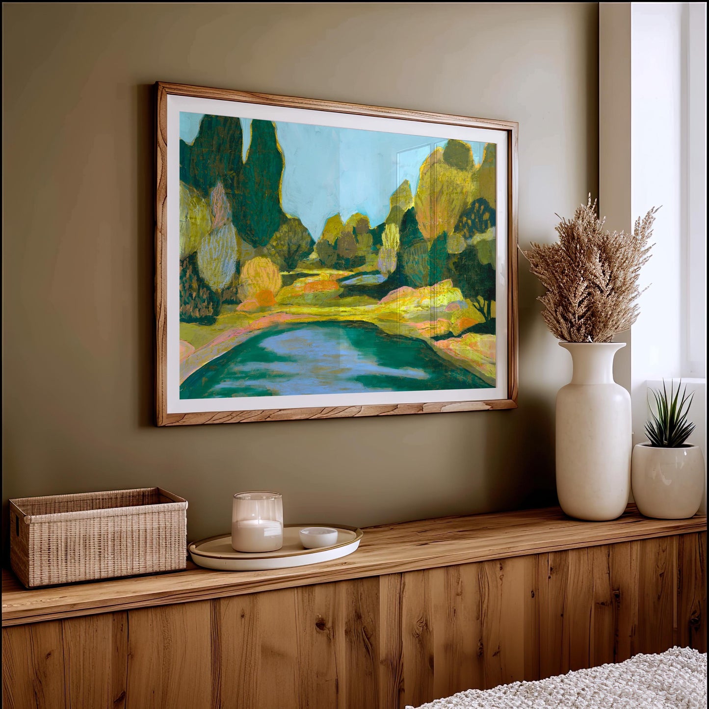 Natural Pool Midcentury Modern Nature Scene Giclee Art Print | Green Blue Tones Oil Pastel Trees Wall Decor Boho Eclectic Original