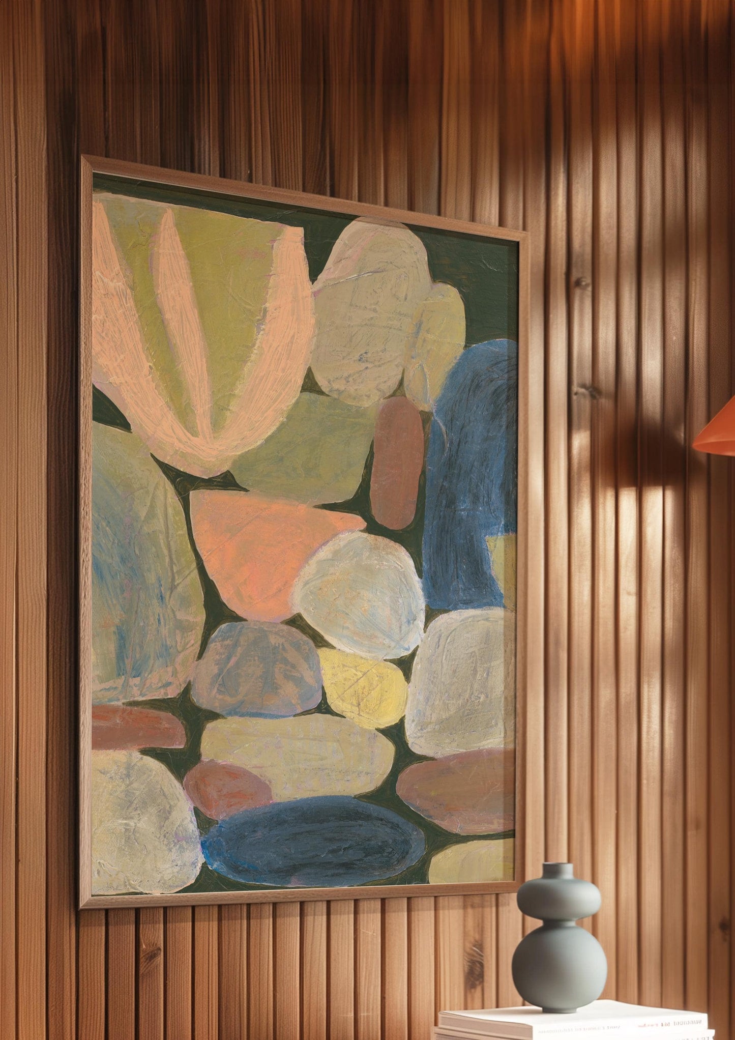 Midcentury Modern Neutral Rocks Painting Giclee Print | Earth Tones Dark Green Light Abstract Minimalist Wall Decor Eclectic Original