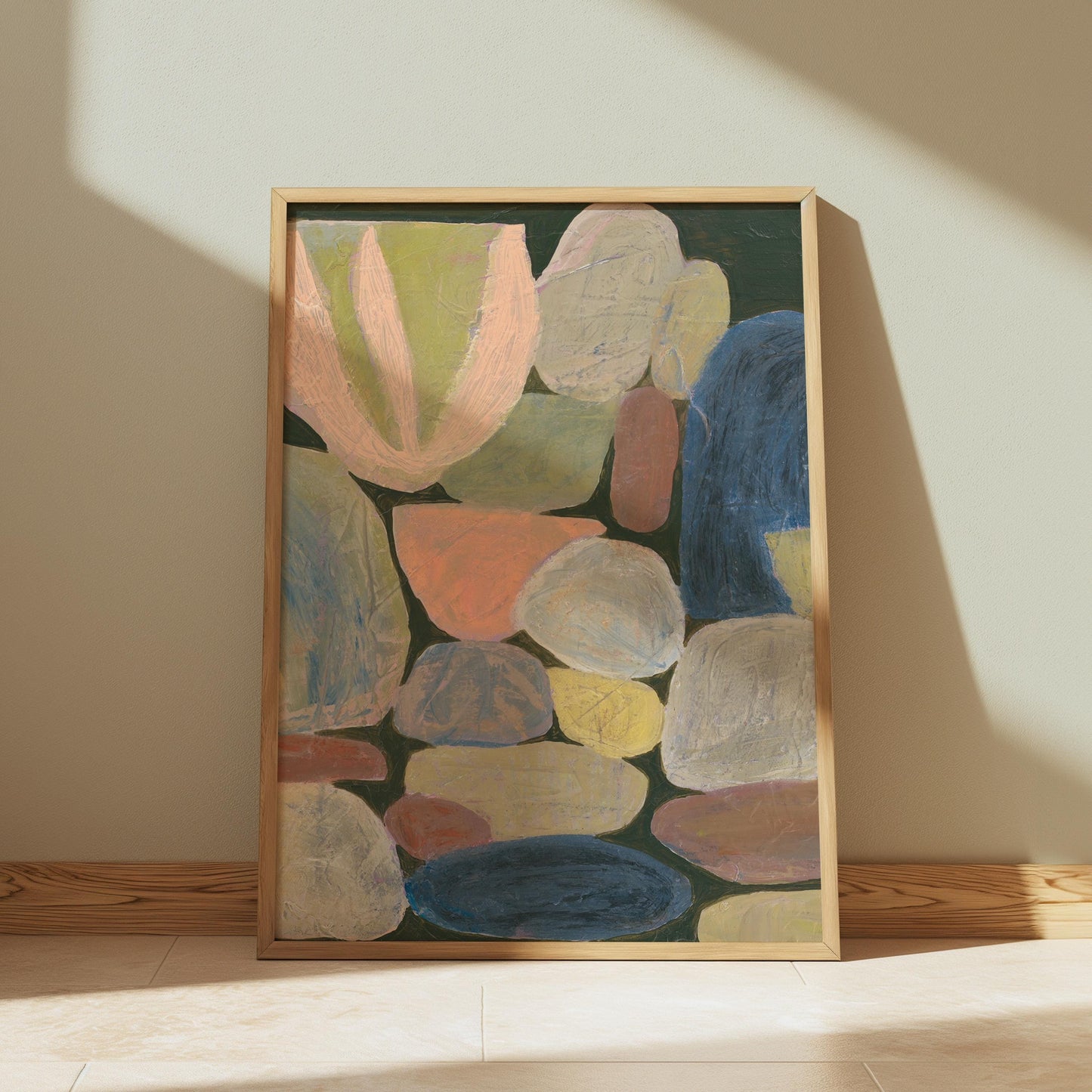 Midcentury Modern Neutral Rocks Painting Giclee Print | Earth Tones Dark Green Light Abstract Minimalist Wall Decor Eclectic Original